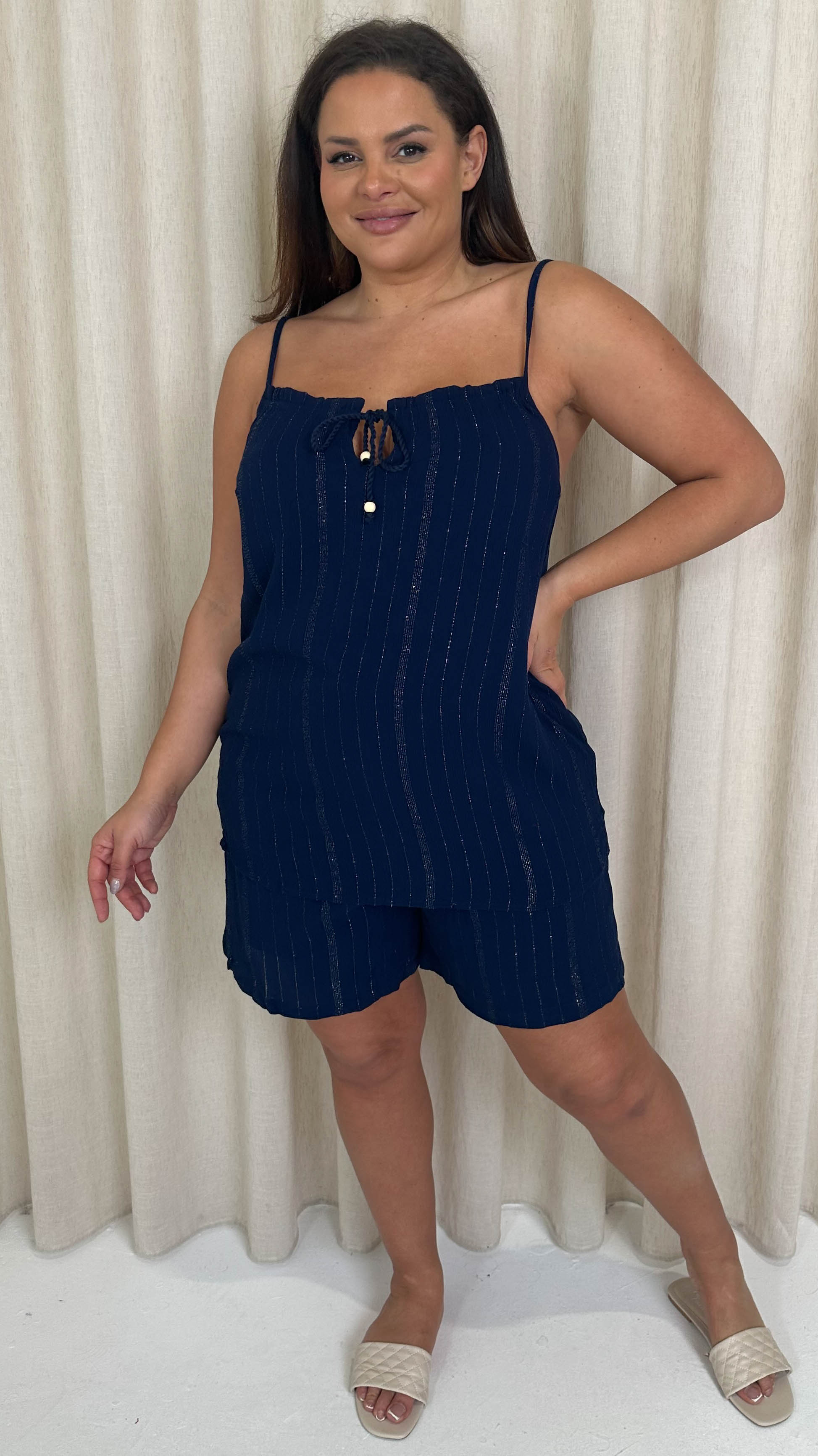 CurveWow Crepe Lurex Cami Top Navy