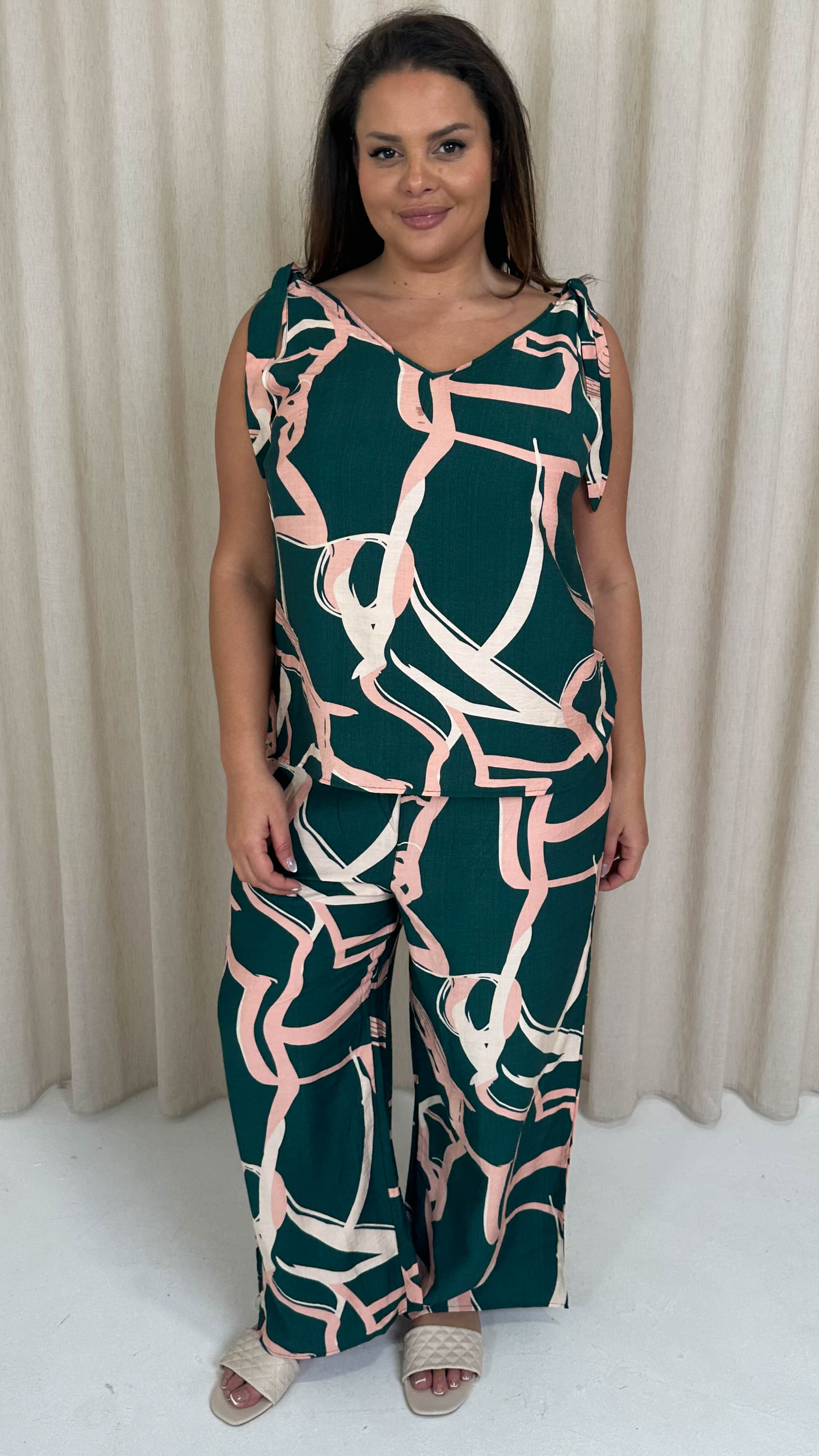 CurveWow Printed Tie Shoulder Top Green Abstract