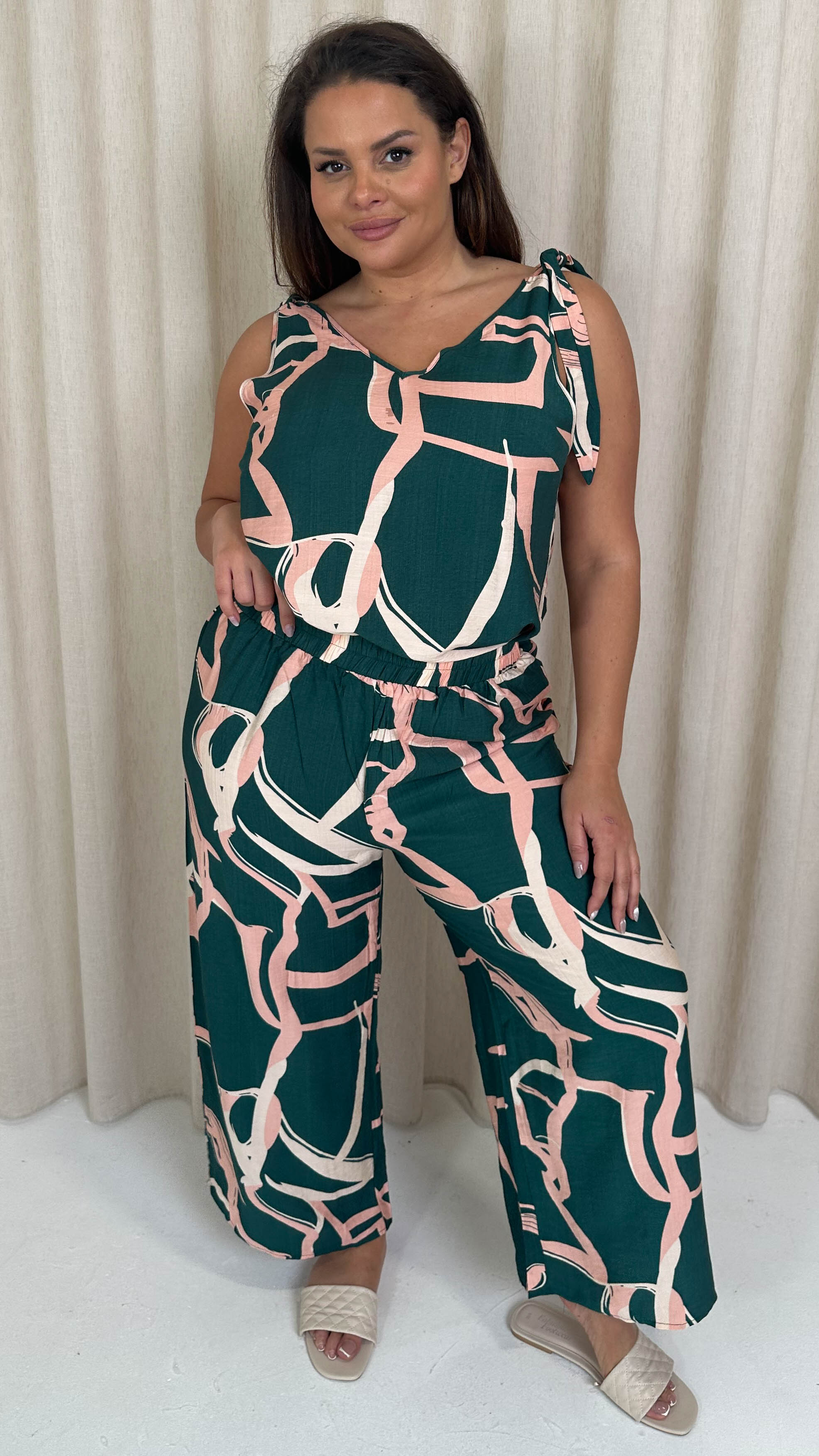 CurveWow Printed Wideleg Trouser Green Abstract