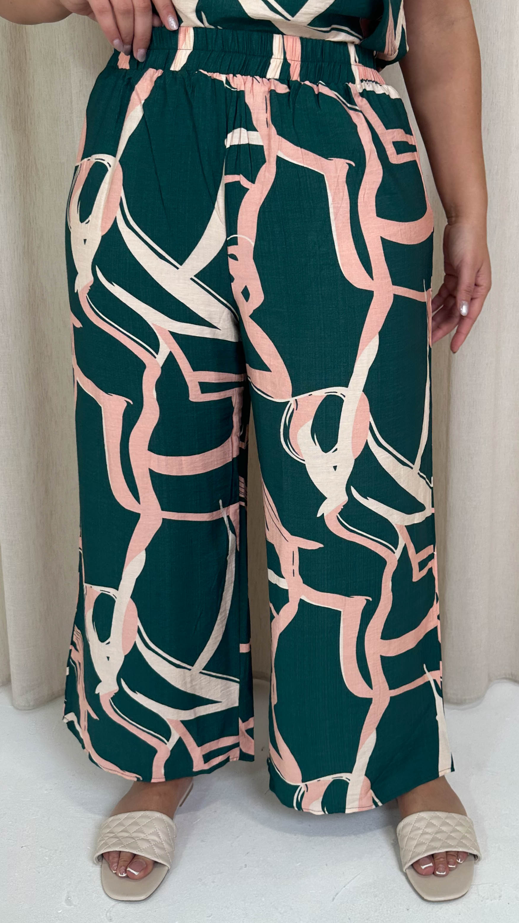 CurveWow Printed Wideleg Trouser Green Abstract