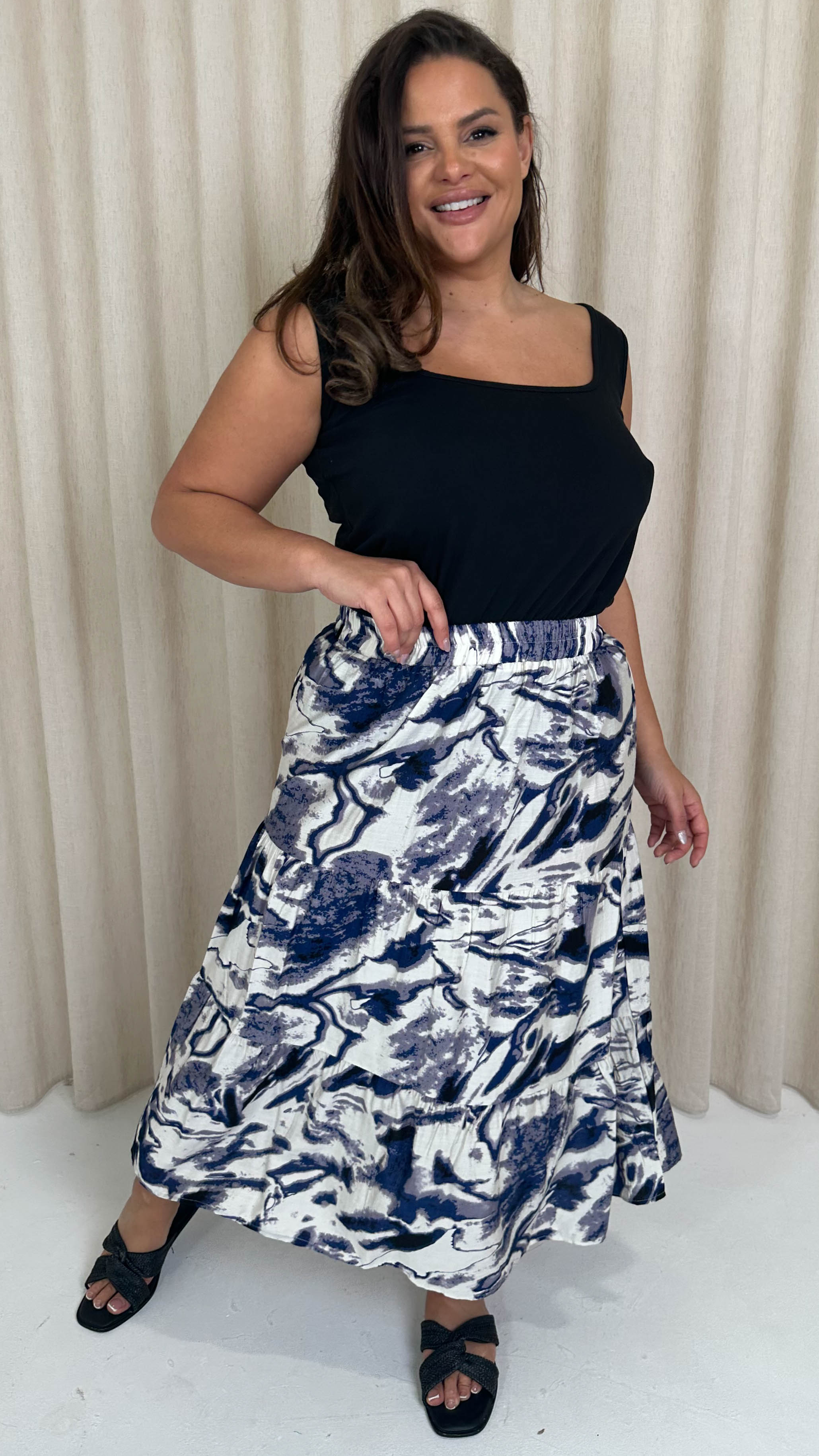 CurveWow Elasticated Waist Tiered Maxi Skirt Navy Marble