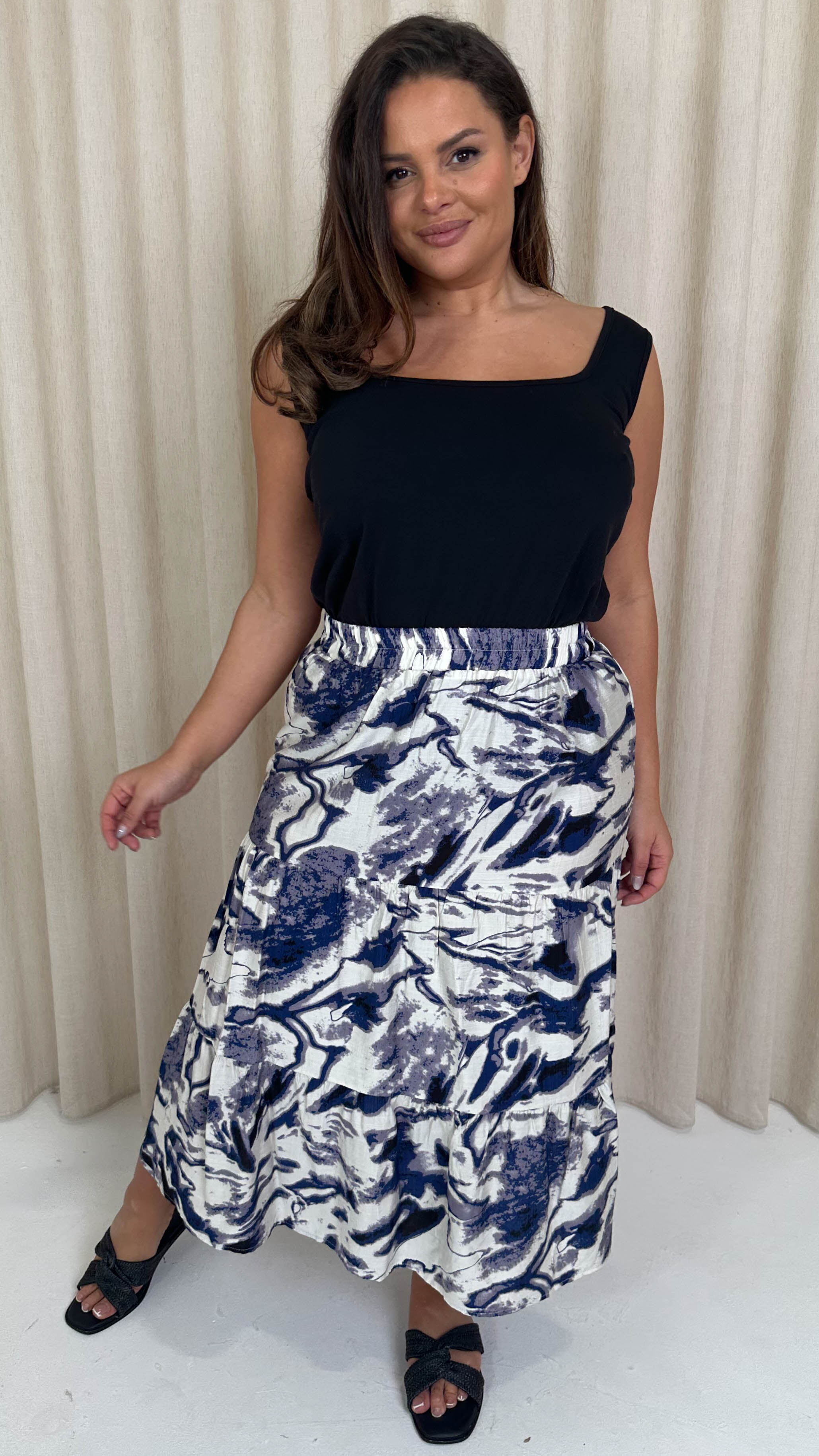 CurveWow Elasticated Waist Tiered Maxi Skirt Navy Marble