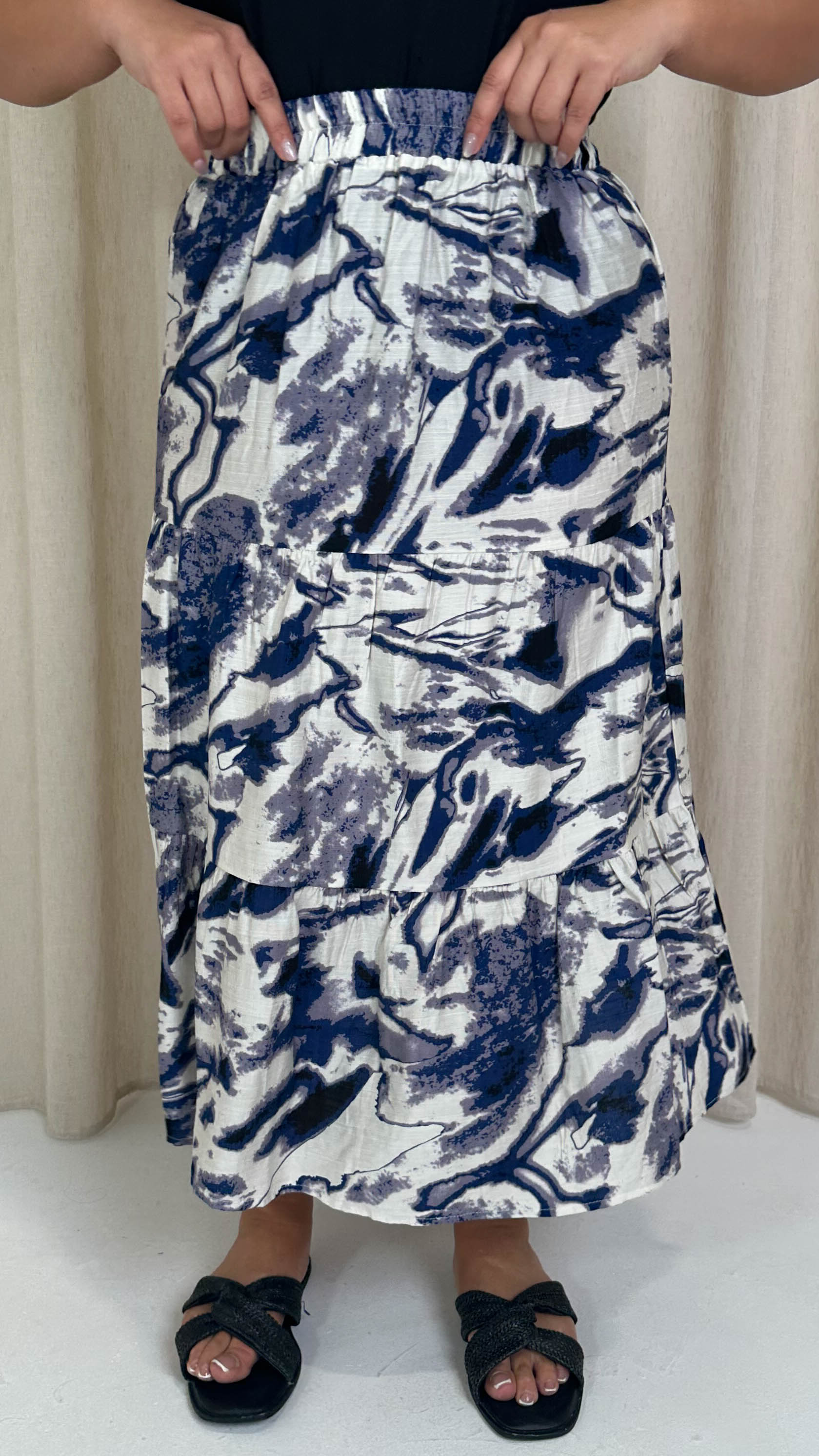 CurveWow Elasticated Waist Tiered Maxi Skirt Navy Marble