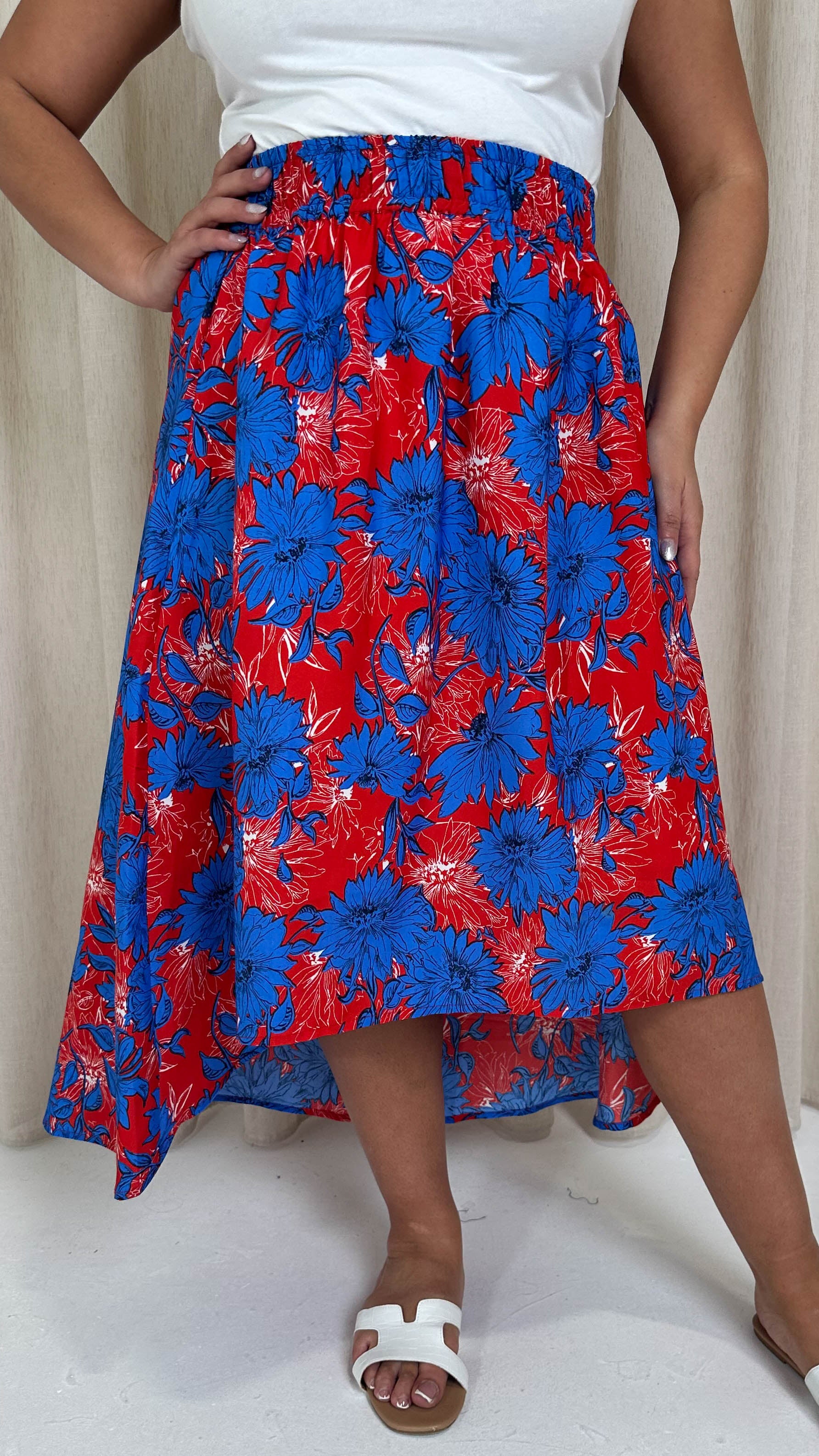 CurveWow Dipped Hem Midi Skirt Blue and Red Floral