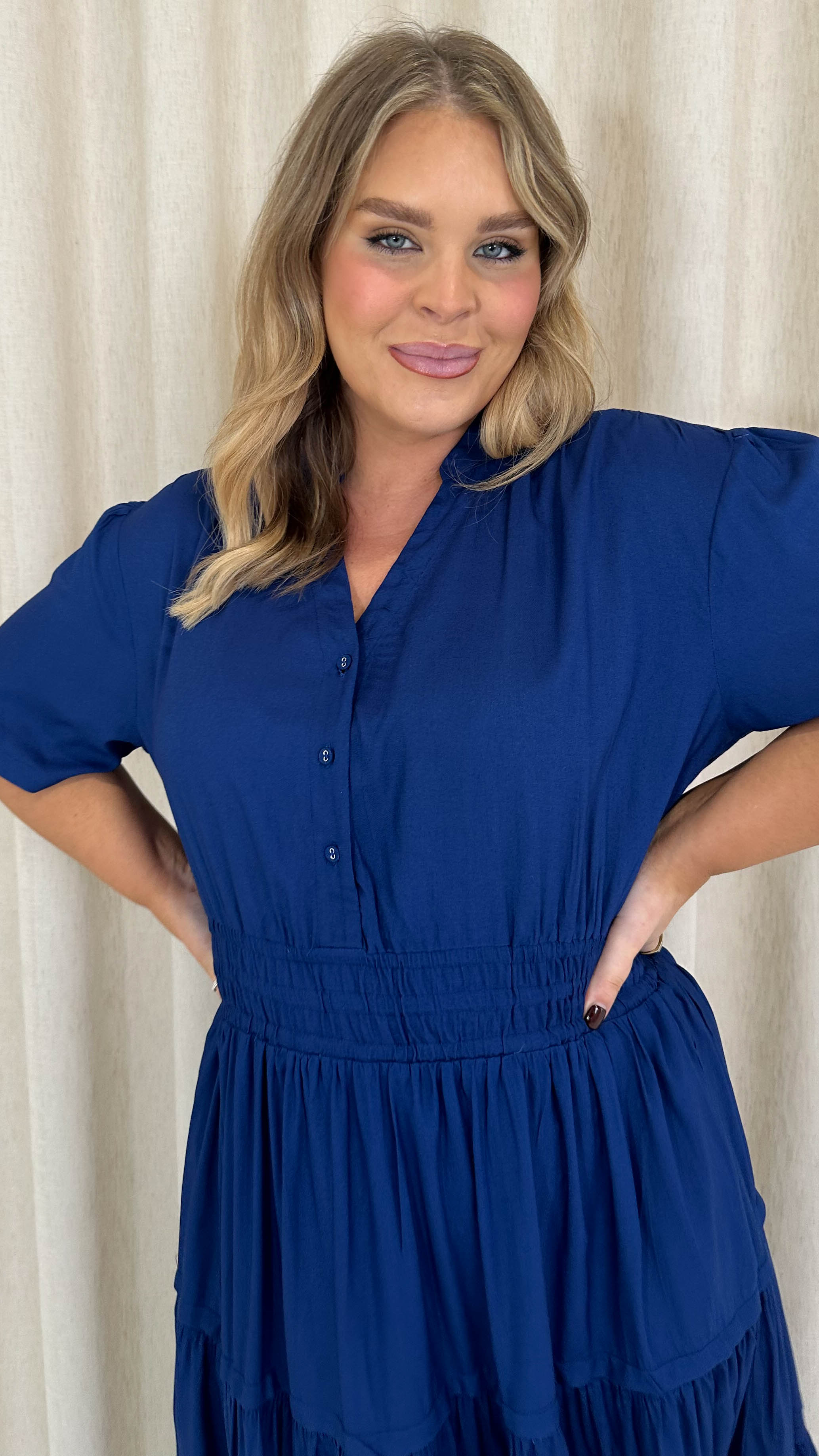 CurveWow Button Front Tiered Maxi Dress Navy