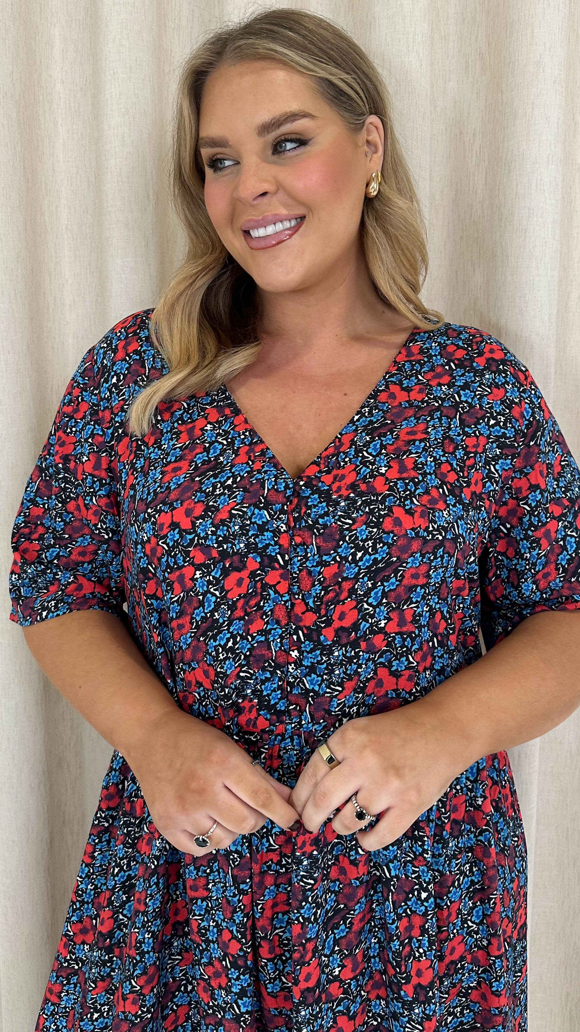 CurveWow Cap Sleeve Button Front Tea Dress Black Floral