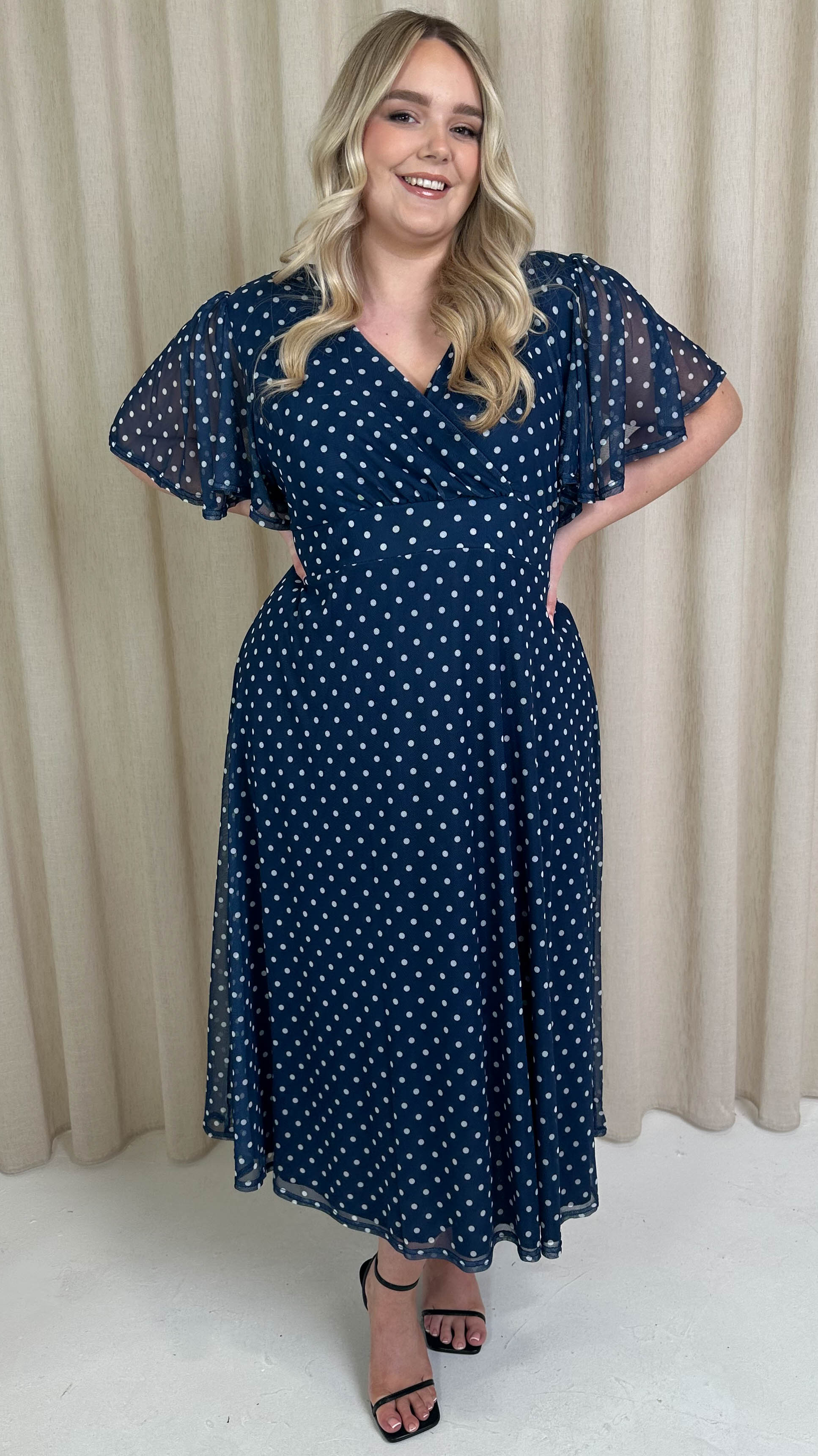 CurveWow Mesh Angel Sleeve Dress Navy Spot