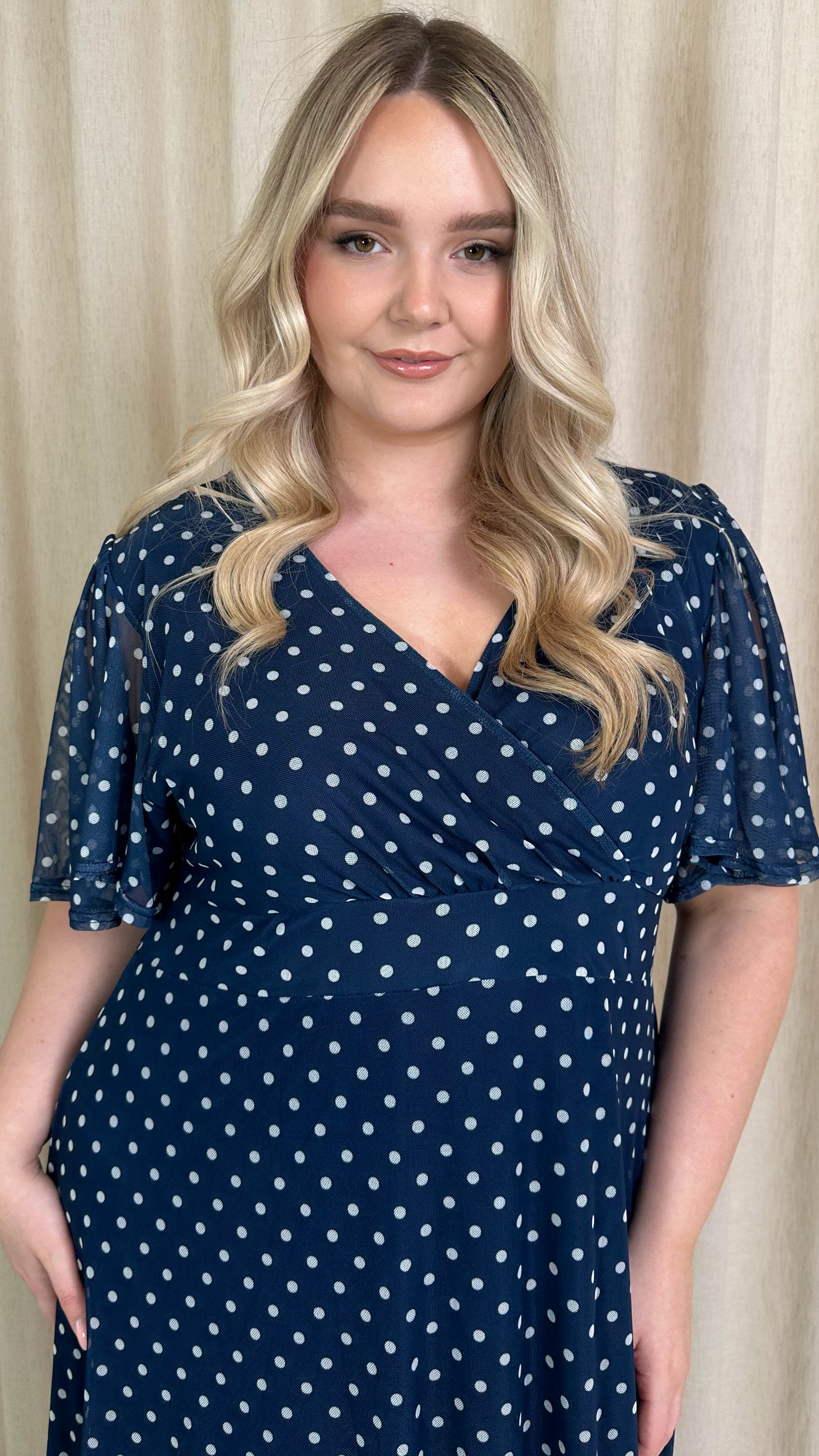 CurveWow Mesh Angel Sleeve Dress Navy Spot