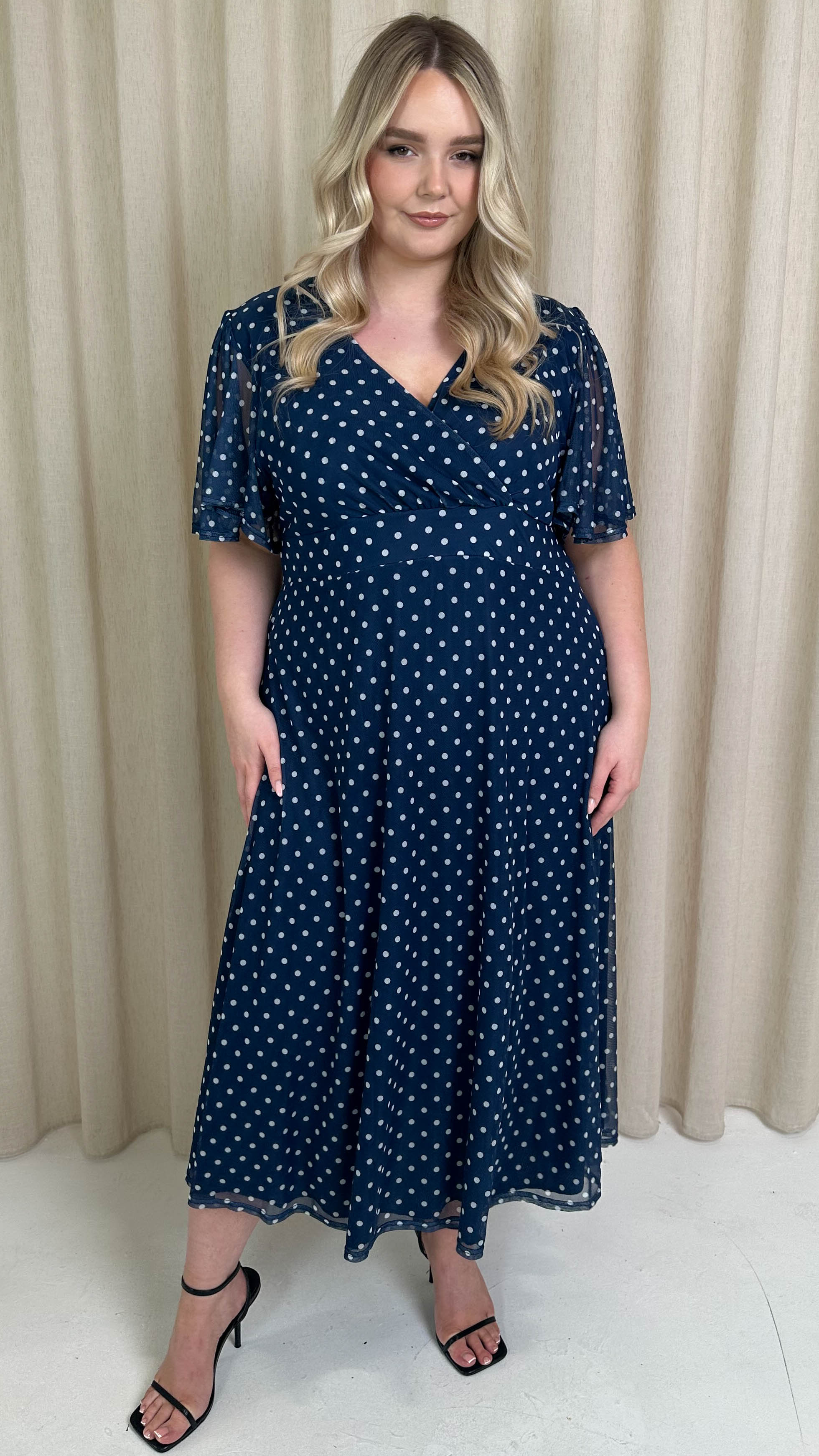 CurveWow Mesh Angel Sleeve Dress Navy Spot