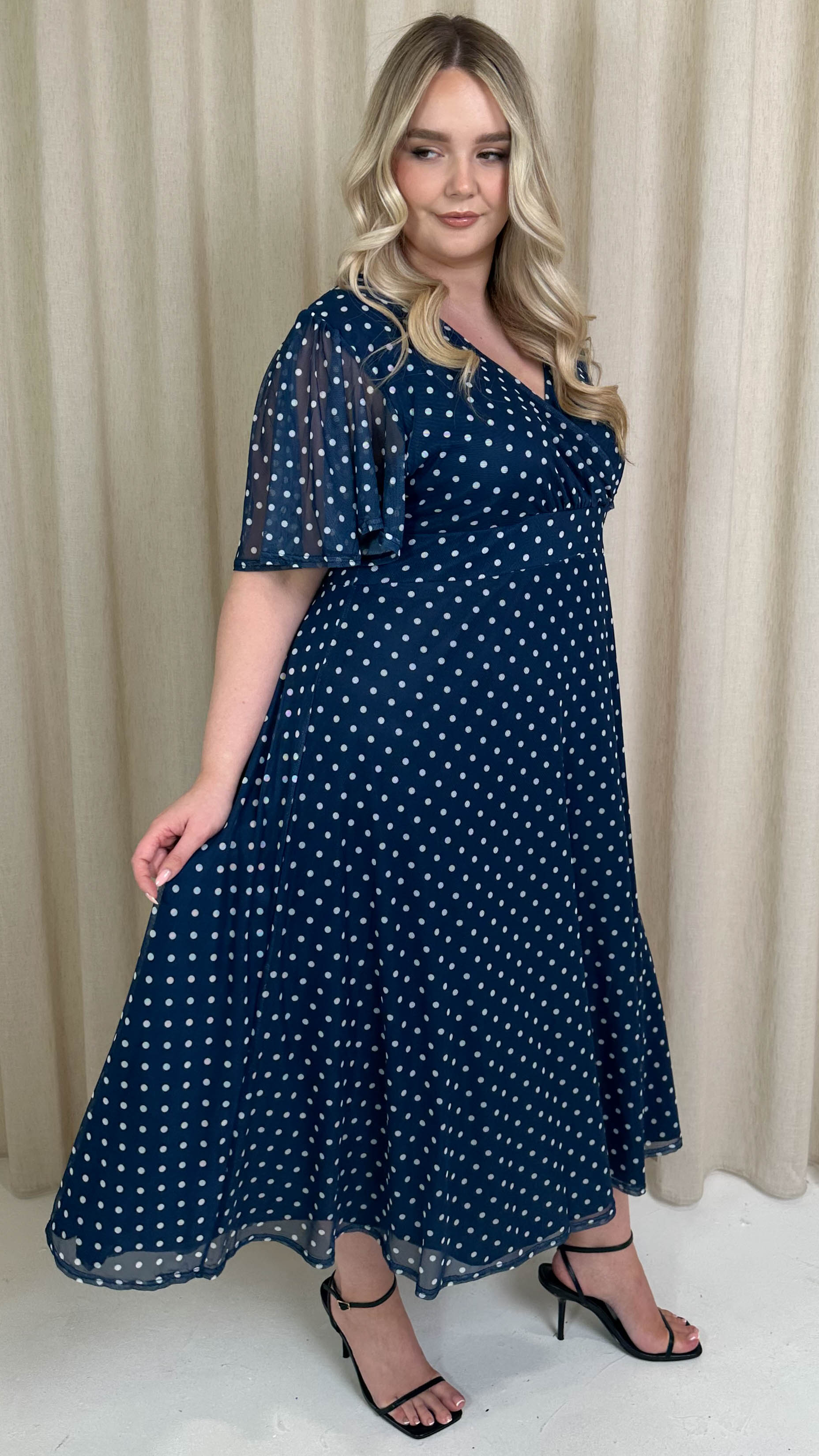 CurveWow Mesh Angel Sleeve Dress Navy Spot