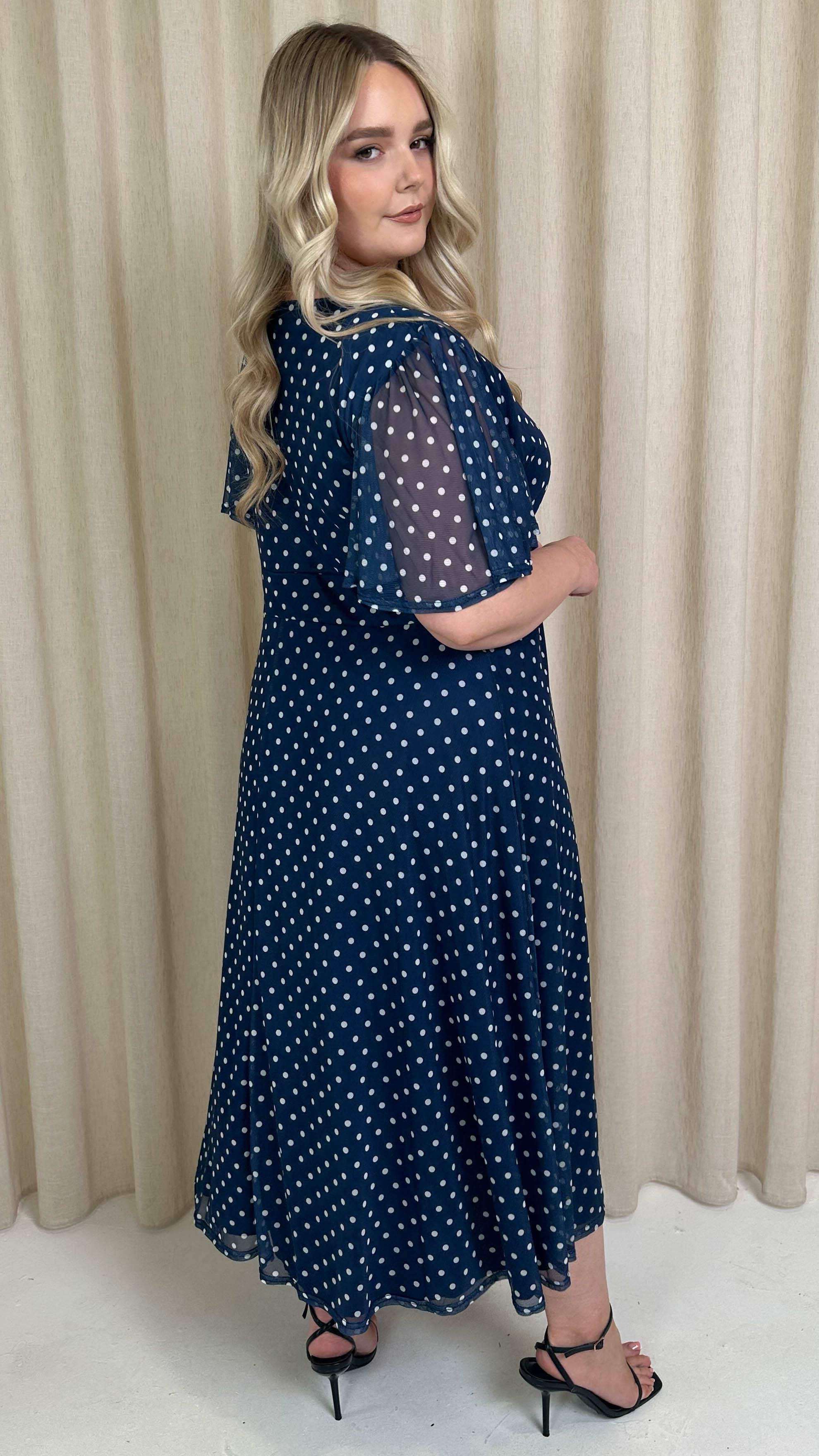 CurveWow Mesh Angel Sleeve Dress Navy Spot