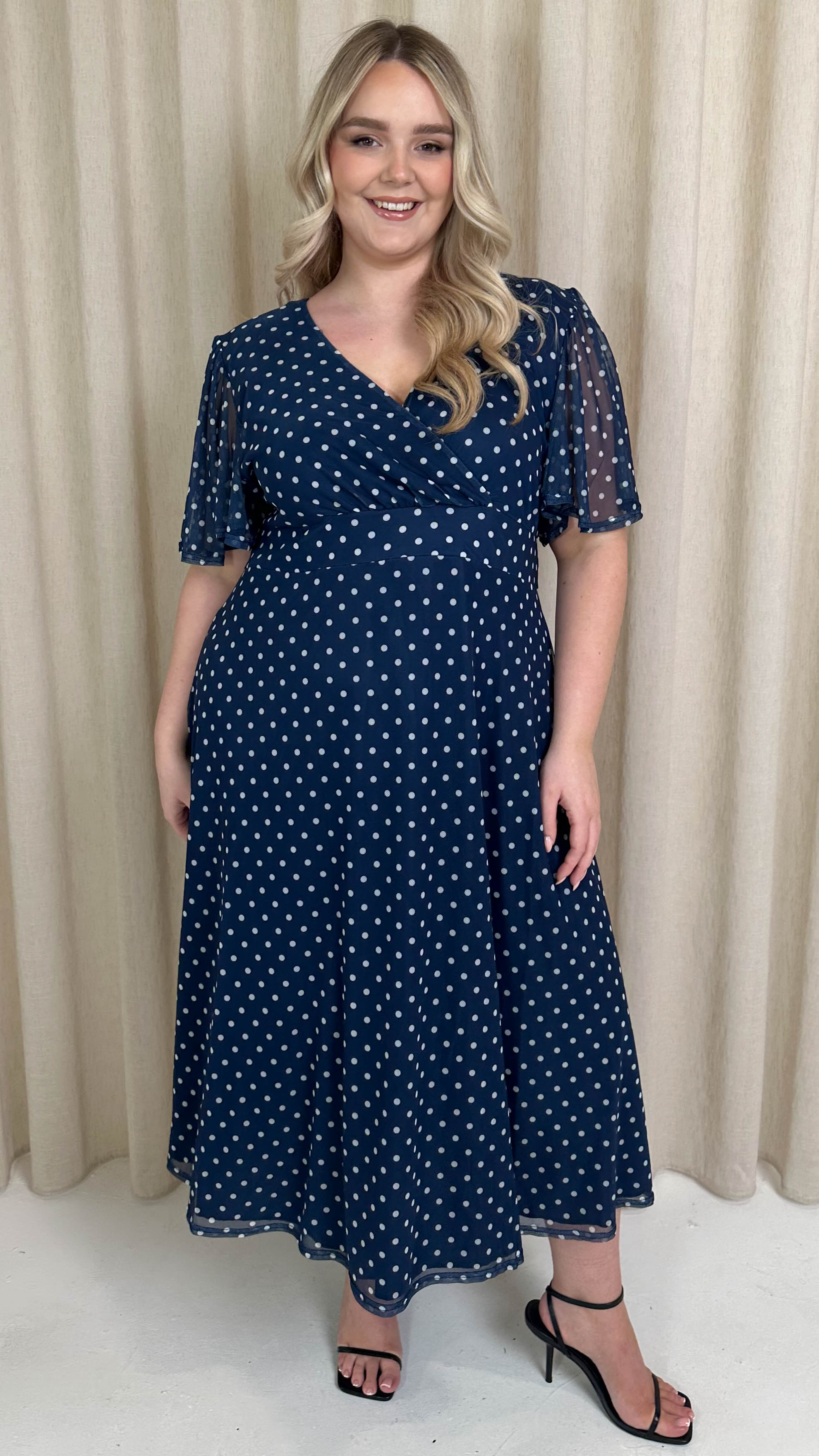 CurveWow Mesh Angel Sleeve Dress Navy Spot