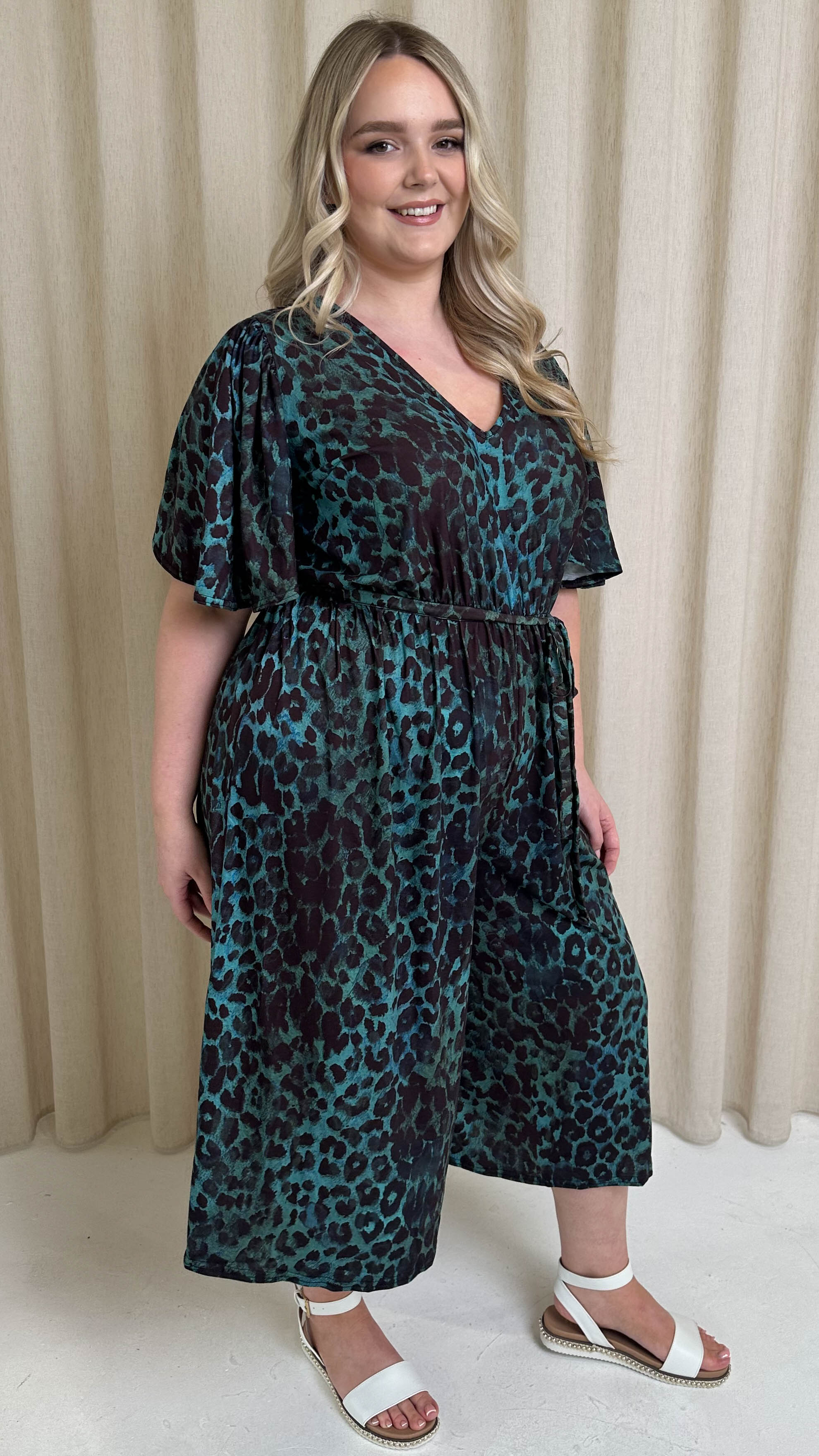 CurveWow V Neck Tie Waist Culotte Jumpsuit Green Animal