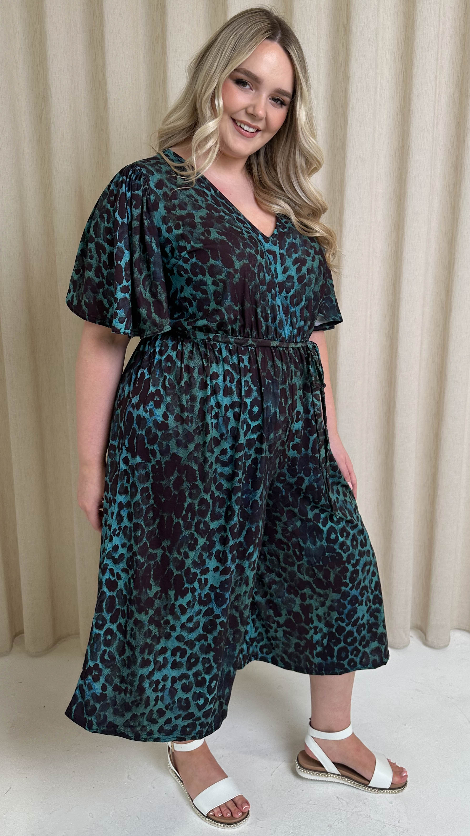 CurveWow V Neck Tie Waist Culotte Jumpsuit Green Animal