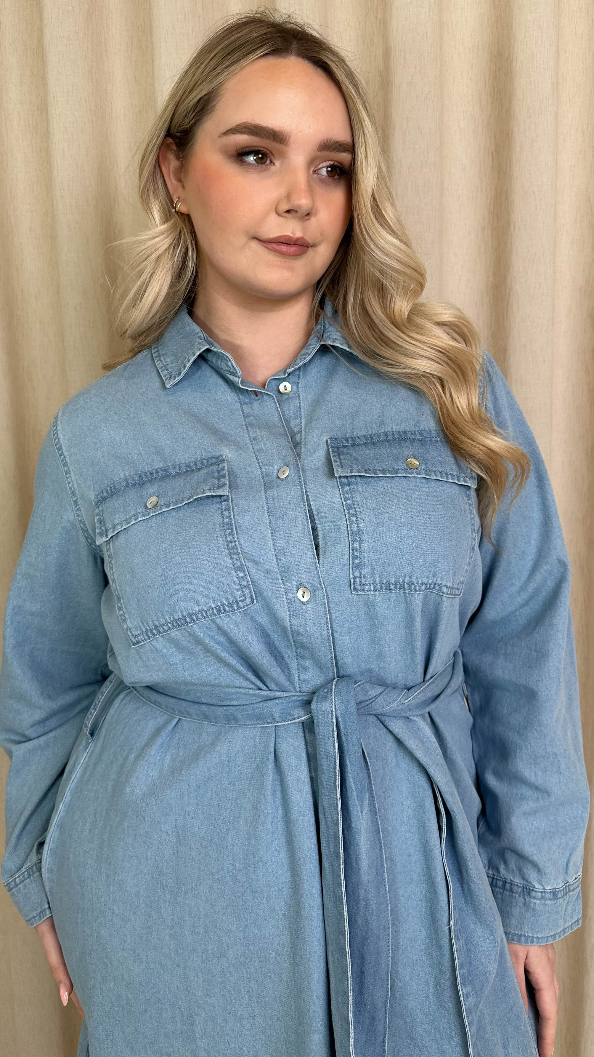 CurveWow Denim Belted Oversized Shirt Dress Mid Blue Wash