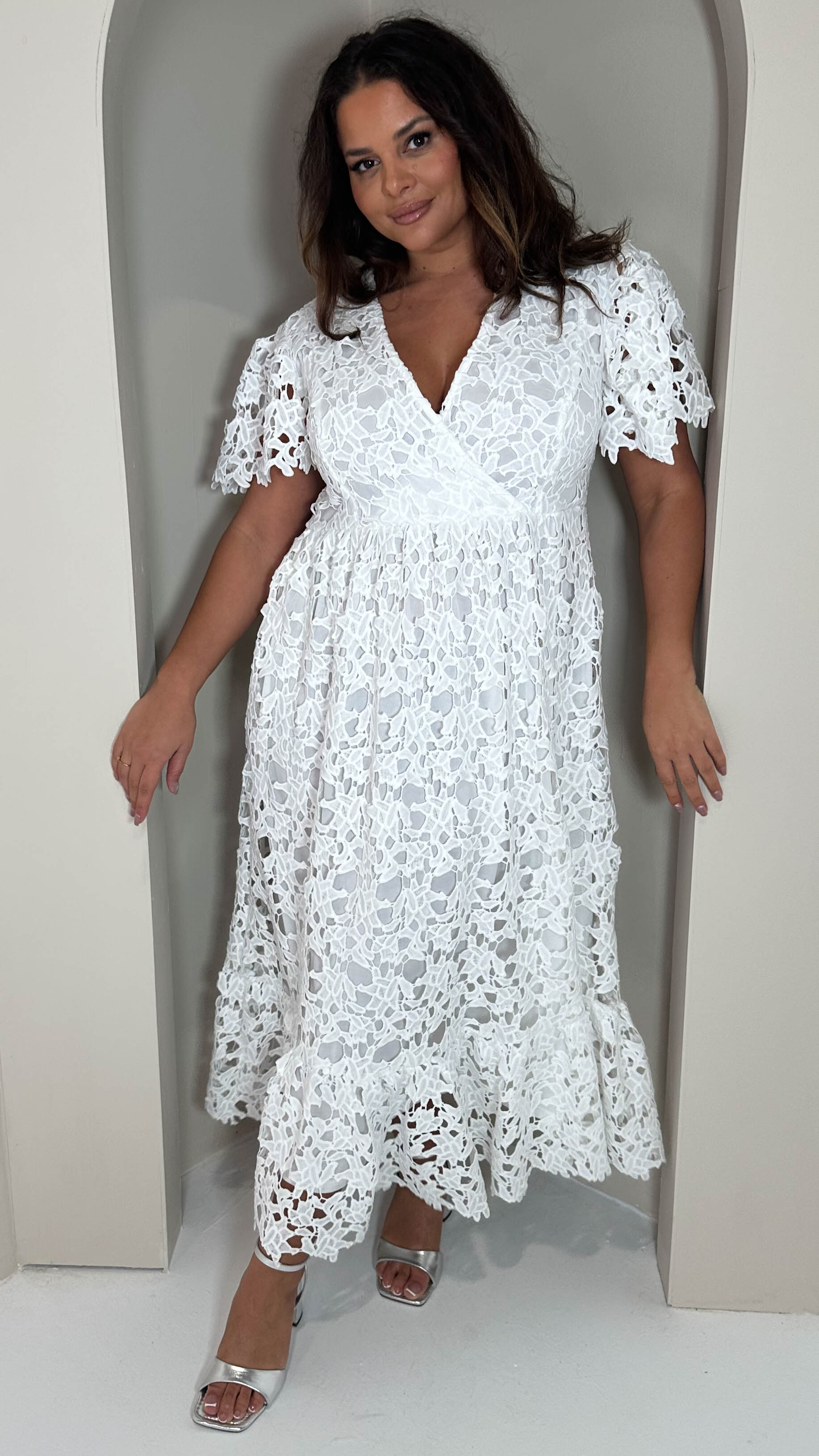 CurveWow Guipure Lace Occasion Maxi Dress White