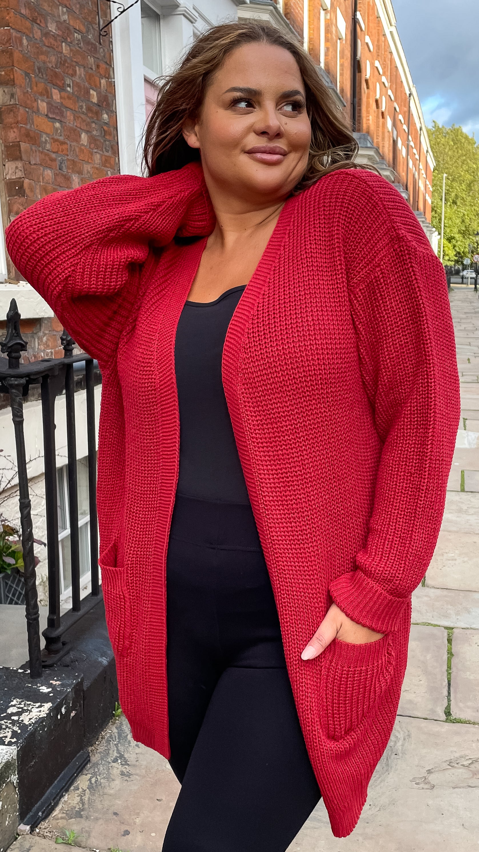 CurveWow Slouch Pocket Knitted Cardigan Pomegranate