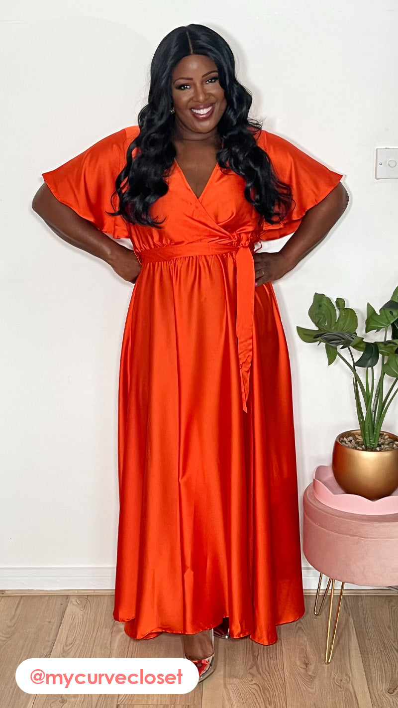 CurveWow Angel Sleeve Satin Maxi Dress Orange