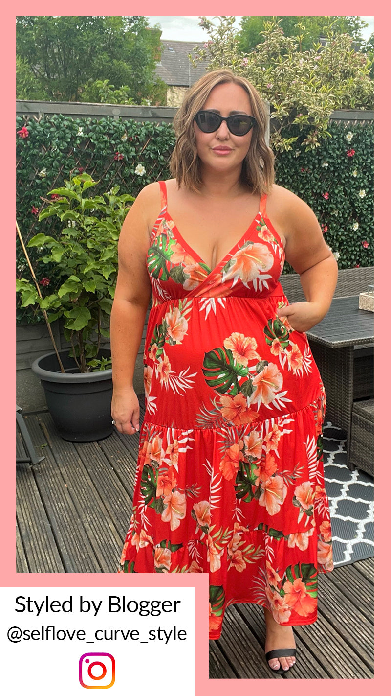 CurveWow Cherry Red Tropical Wrap Bust Maxi Dress