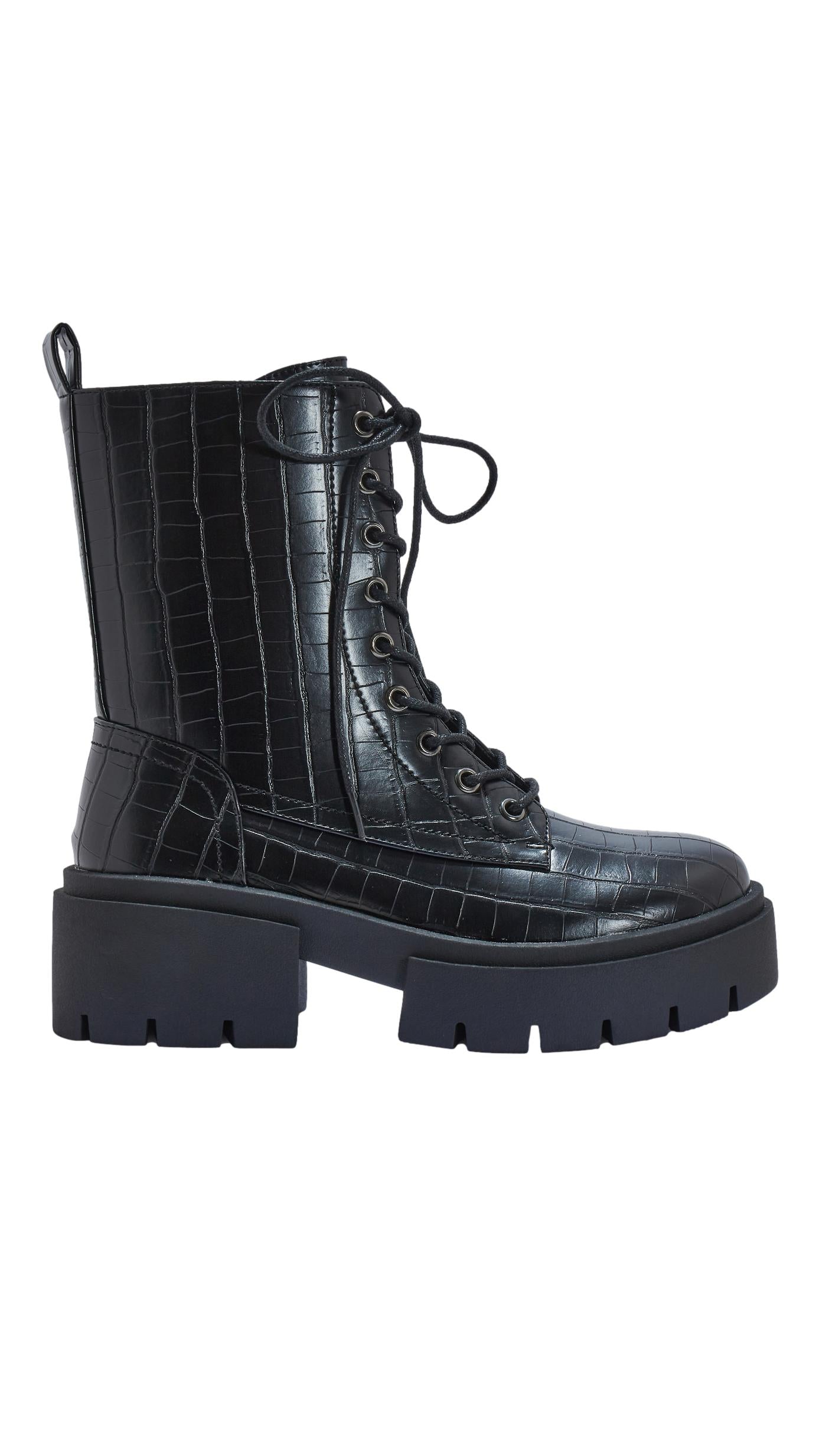 Wide Fit Lace Up Chunky Ankle Boot Black Croc PU