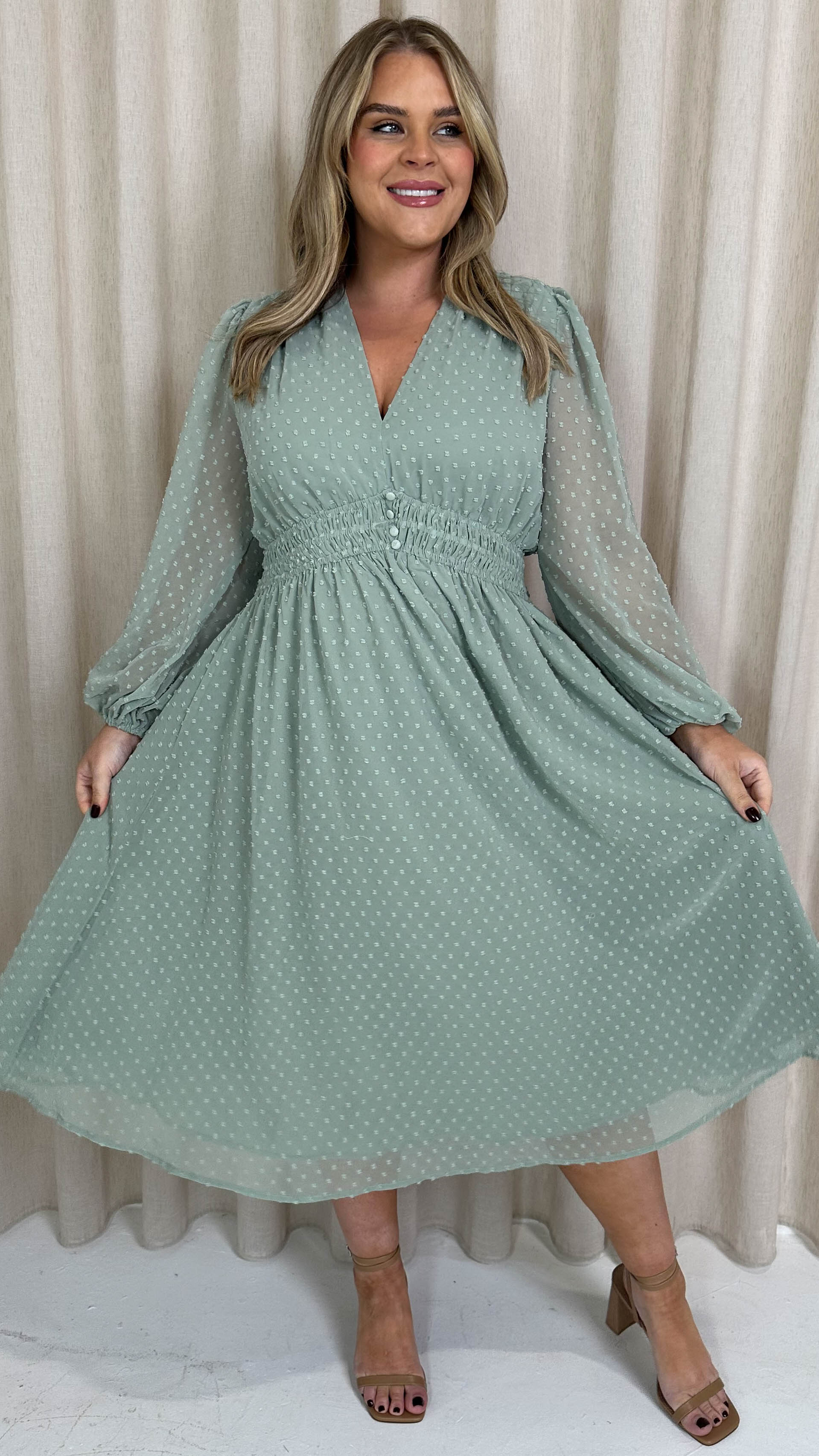 CurveWow Dobby Shirred Bodice Midi Dress Sage Green