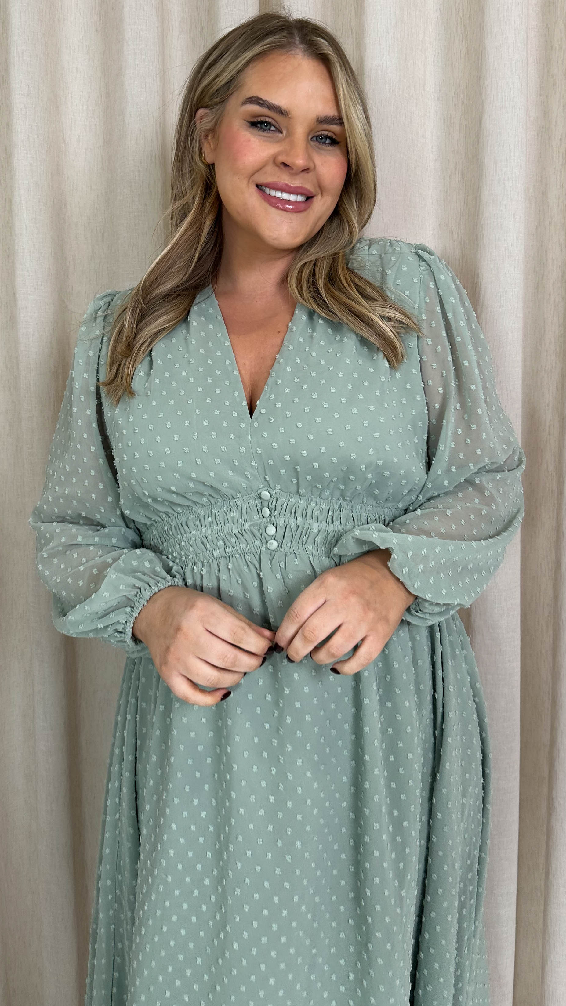 CurveWow Dobby Shirred Bodice Midi Dress Sage Green