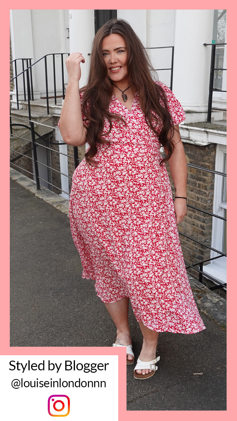 CurveWow Puff Sleeve Wrap Dress Red Ivory Ditsy