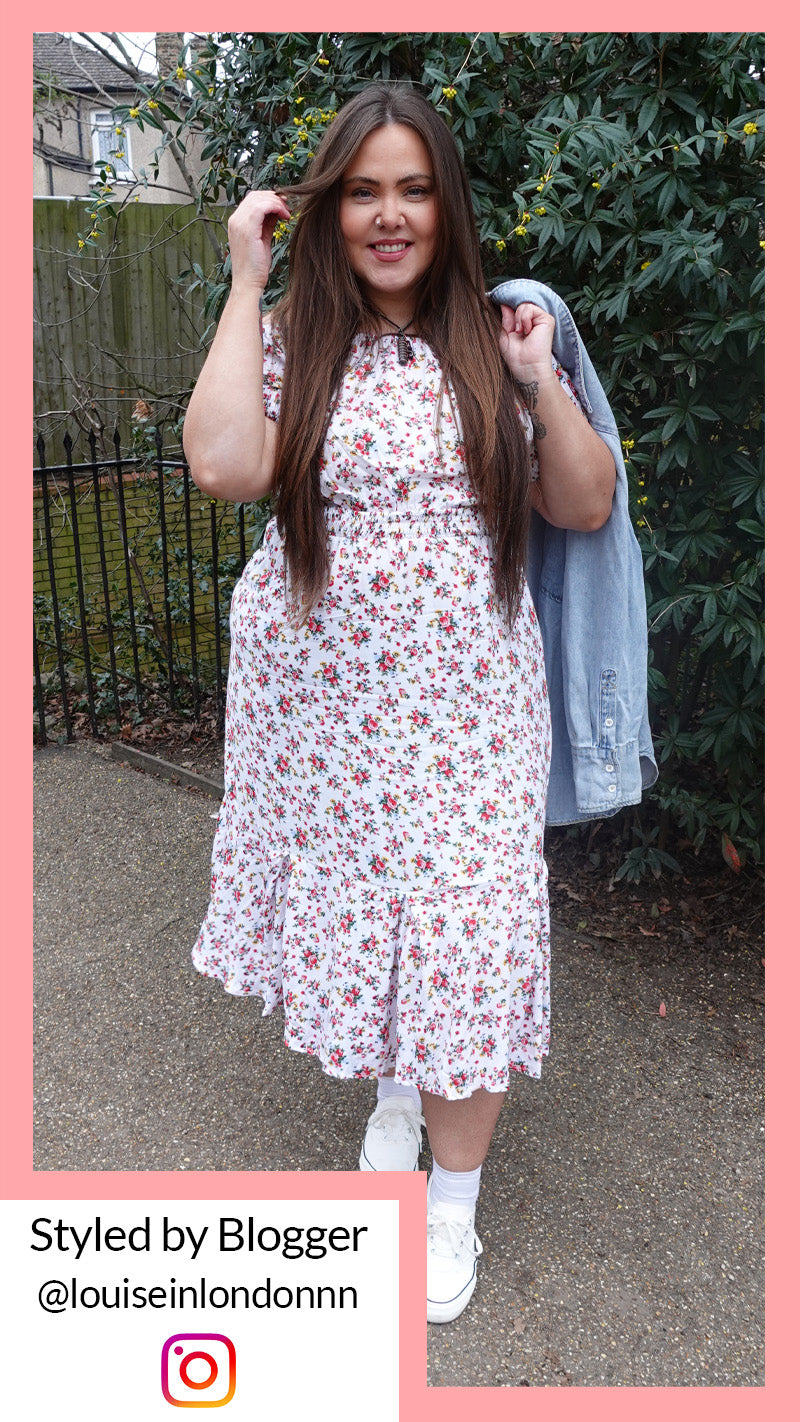 CurveWow White & Red Floral Bardot Midi Dress