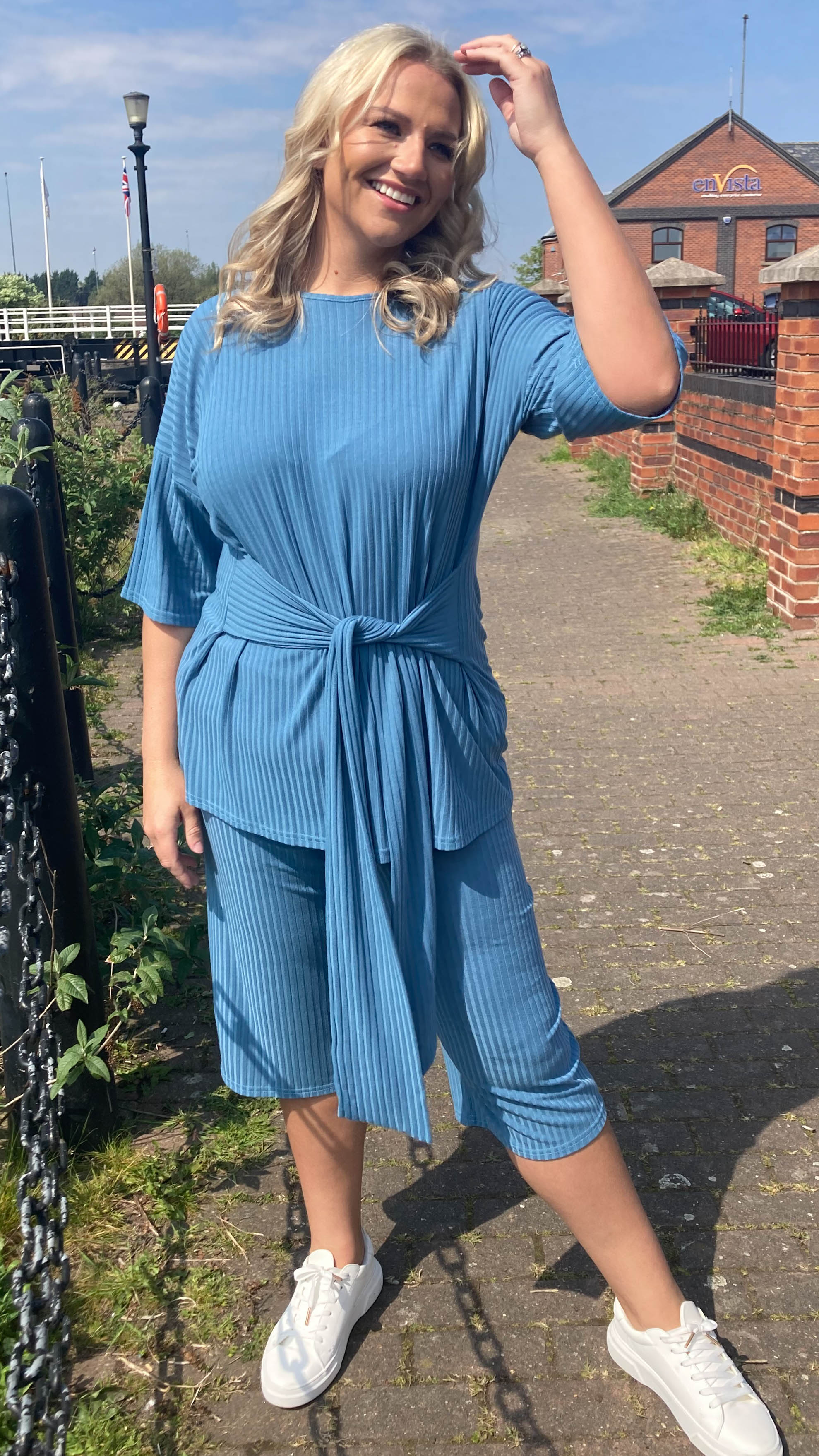 CurveWow Ribbed Short Sleeve Lounge Top Denim Blue