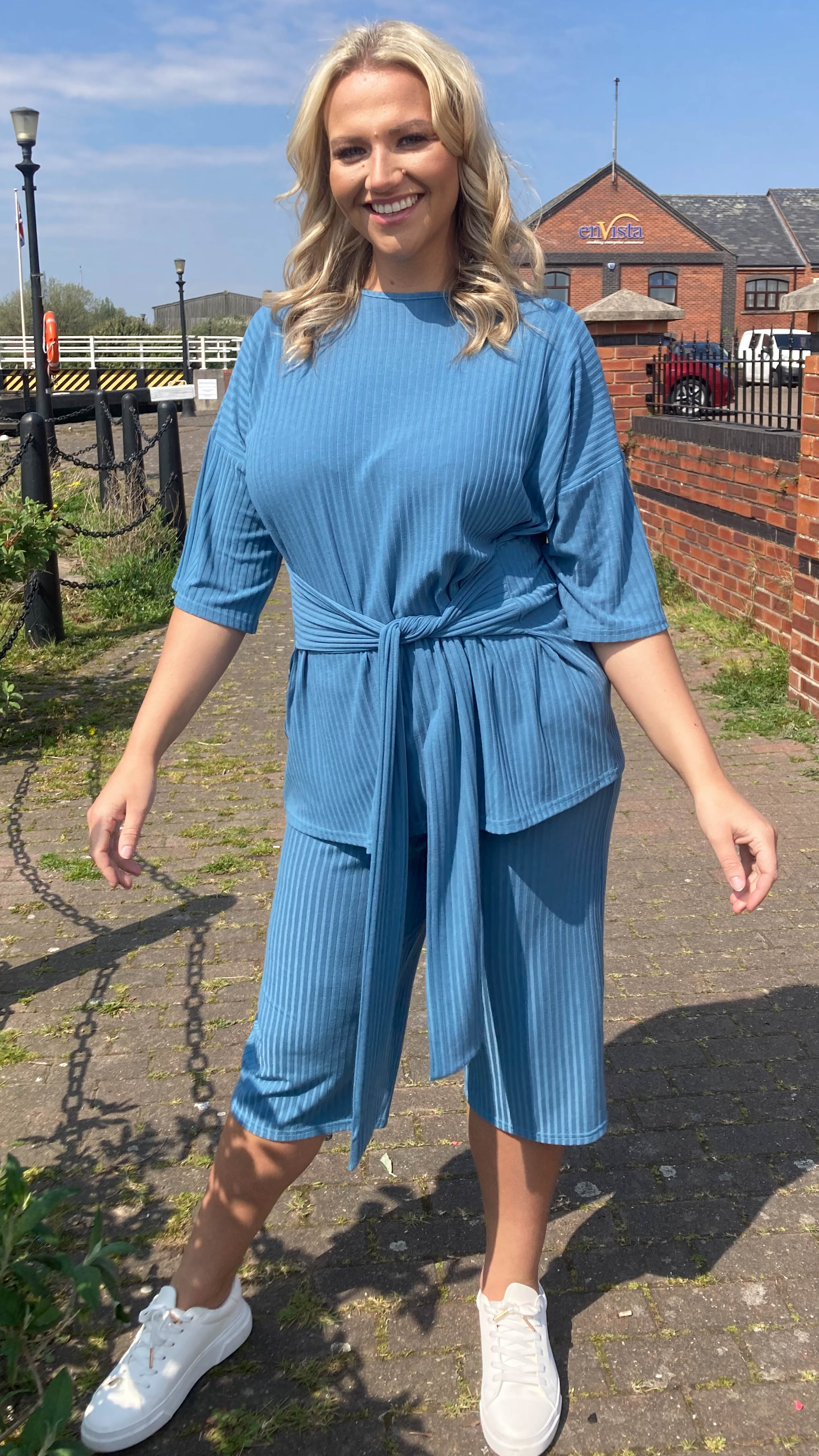 CurveWow Ribbed Short Sleeve Lounge Top Denim Blue