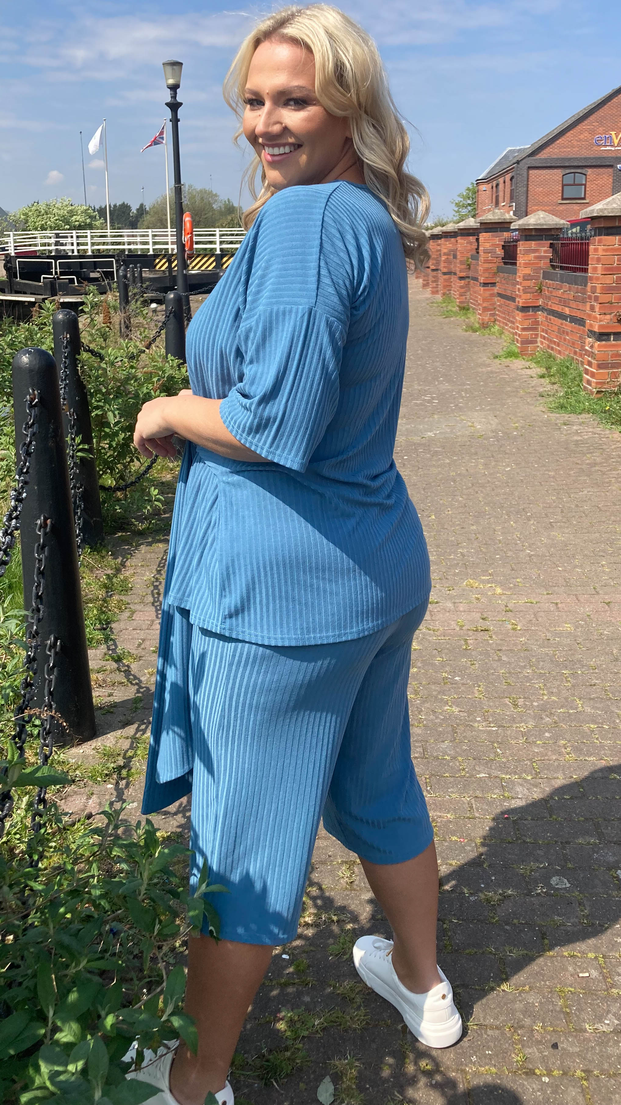 CurveWow Ribbed Short Sleeve Lounge Top Denim Blue