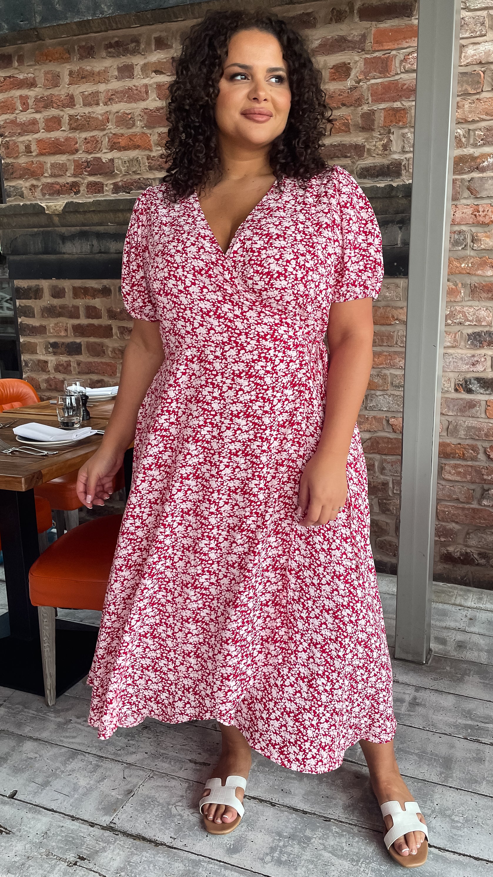 CurveWow Puff Sleeve Wrap Dress Red Ivory Ditsy