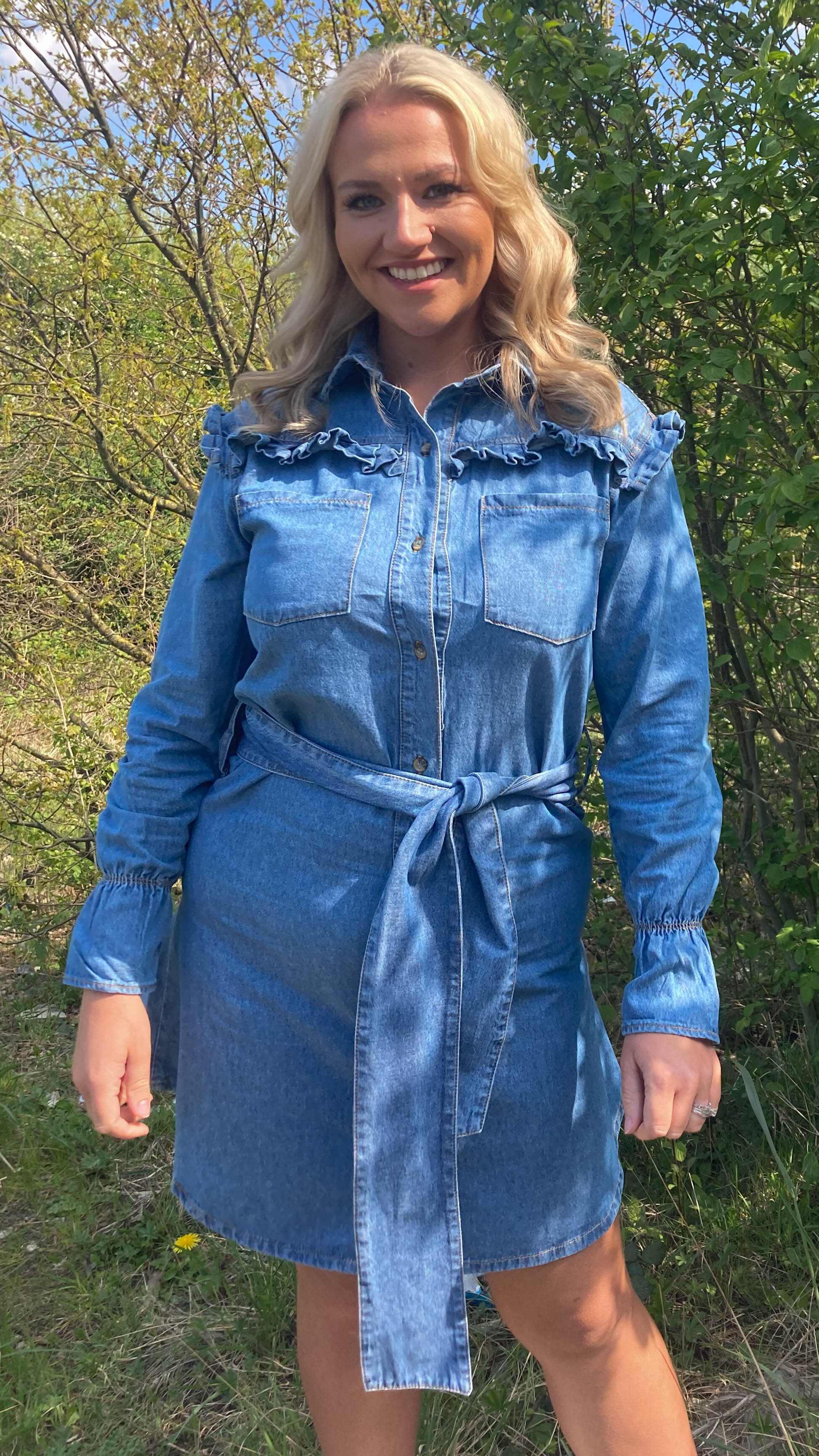 CurveWow Ruffle Denim Shirt Dress