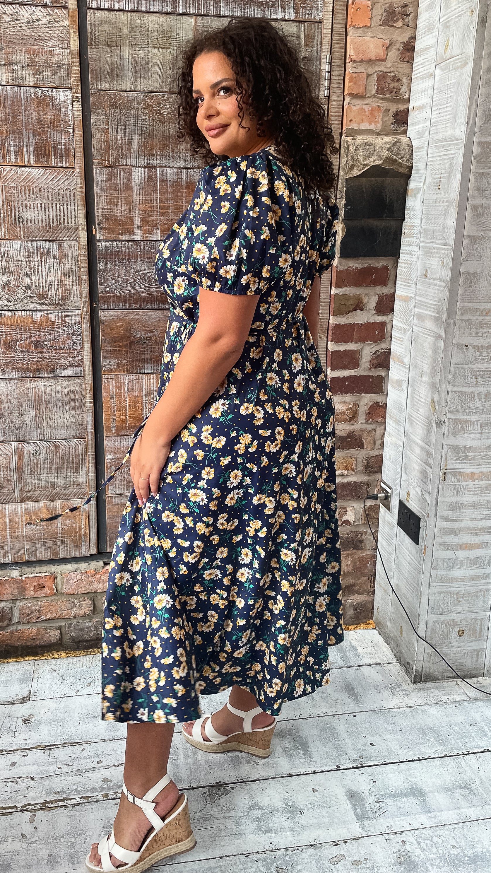 CurveWow Puff Sleeve Wrap Dress Navy Floral Spot
