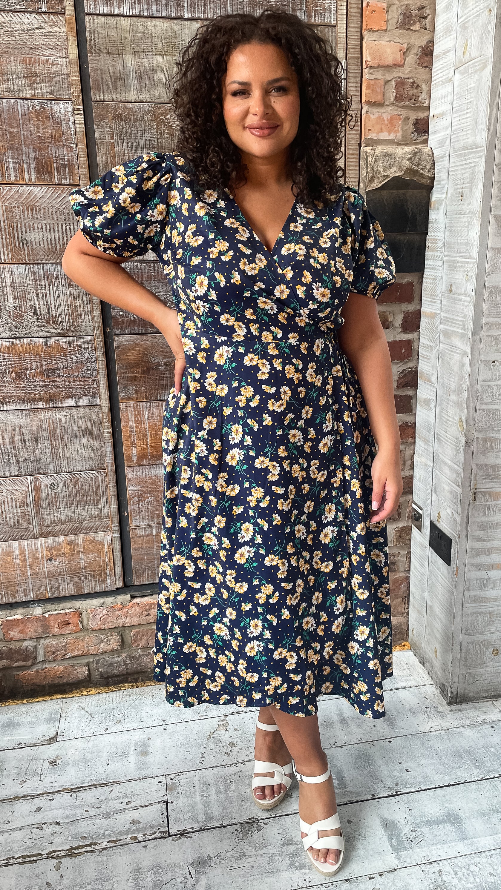 CurveWow Puff Sleeve Wrap Dress Navy Floral Spot