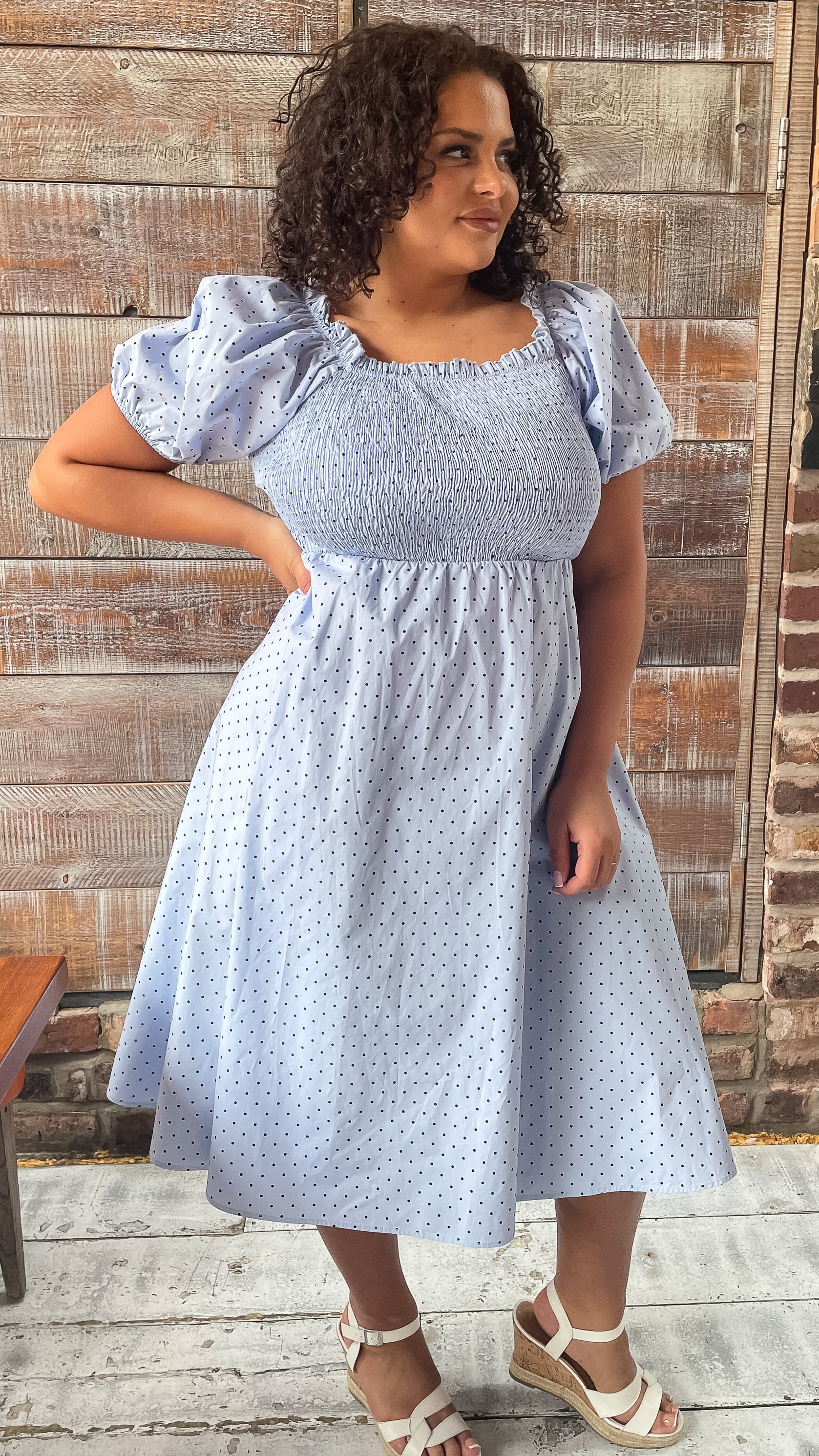 CurveWow Shirred Midi Dress Blue Polka Dot