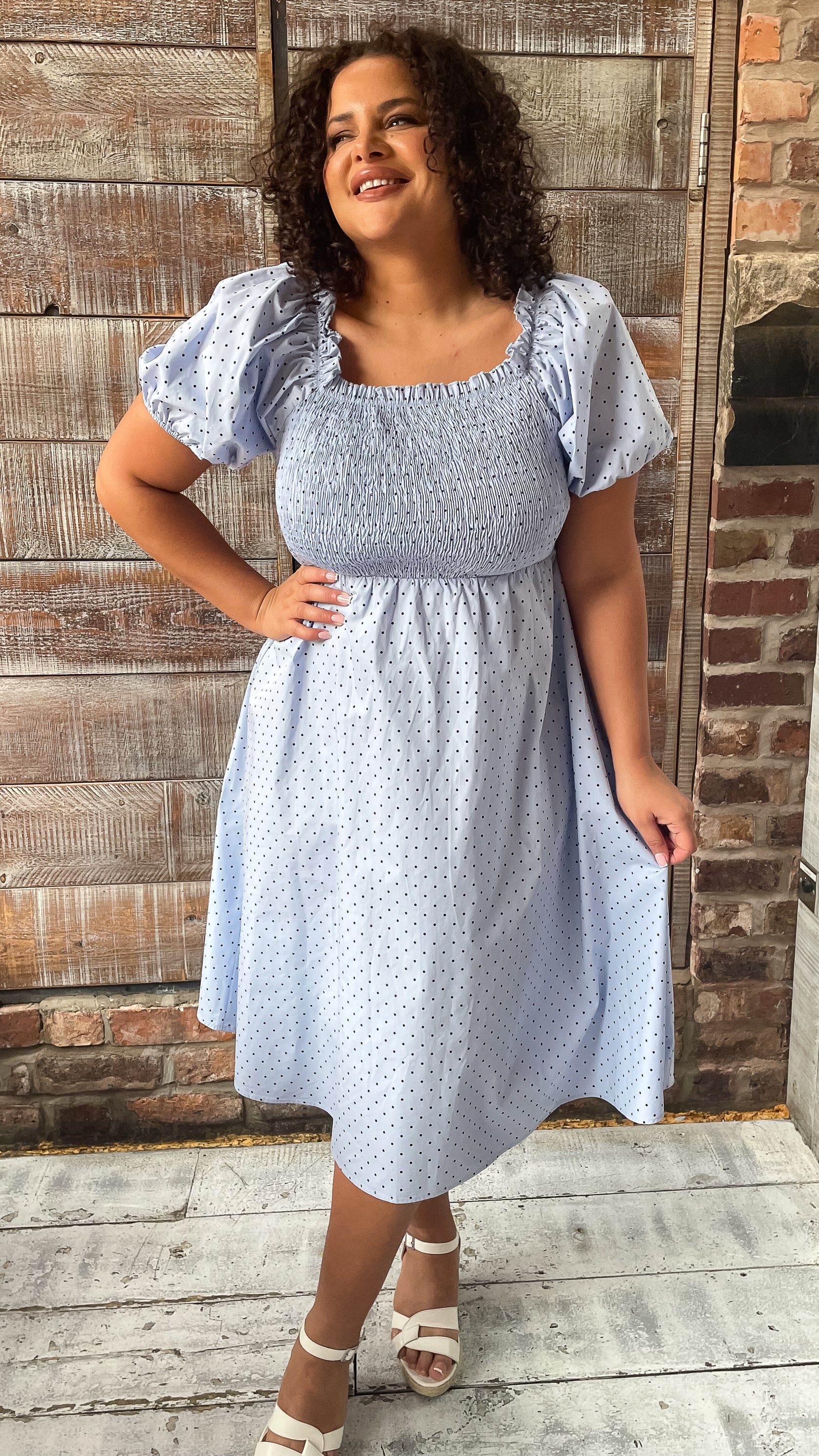 CurveWow Shirred Midi Dress Blue Polka Dot