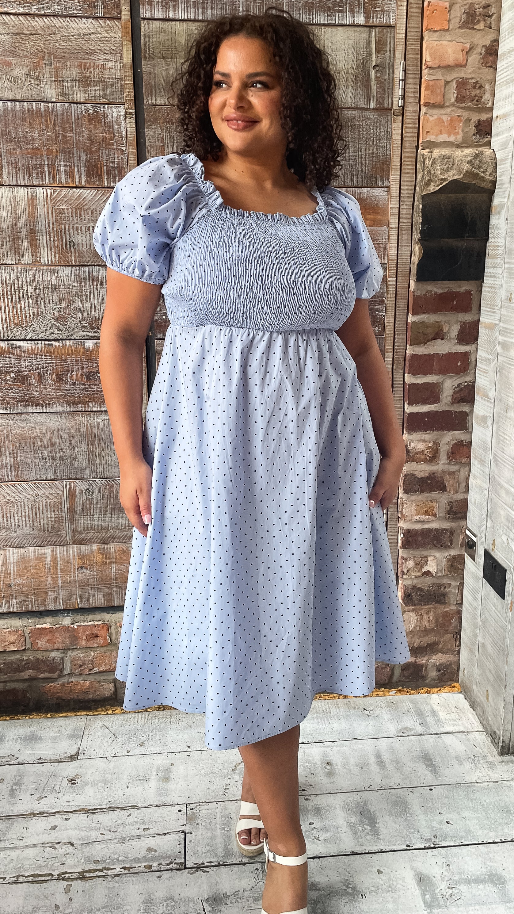 CurveWow Shirred Midi Dress Blue Polka Dot