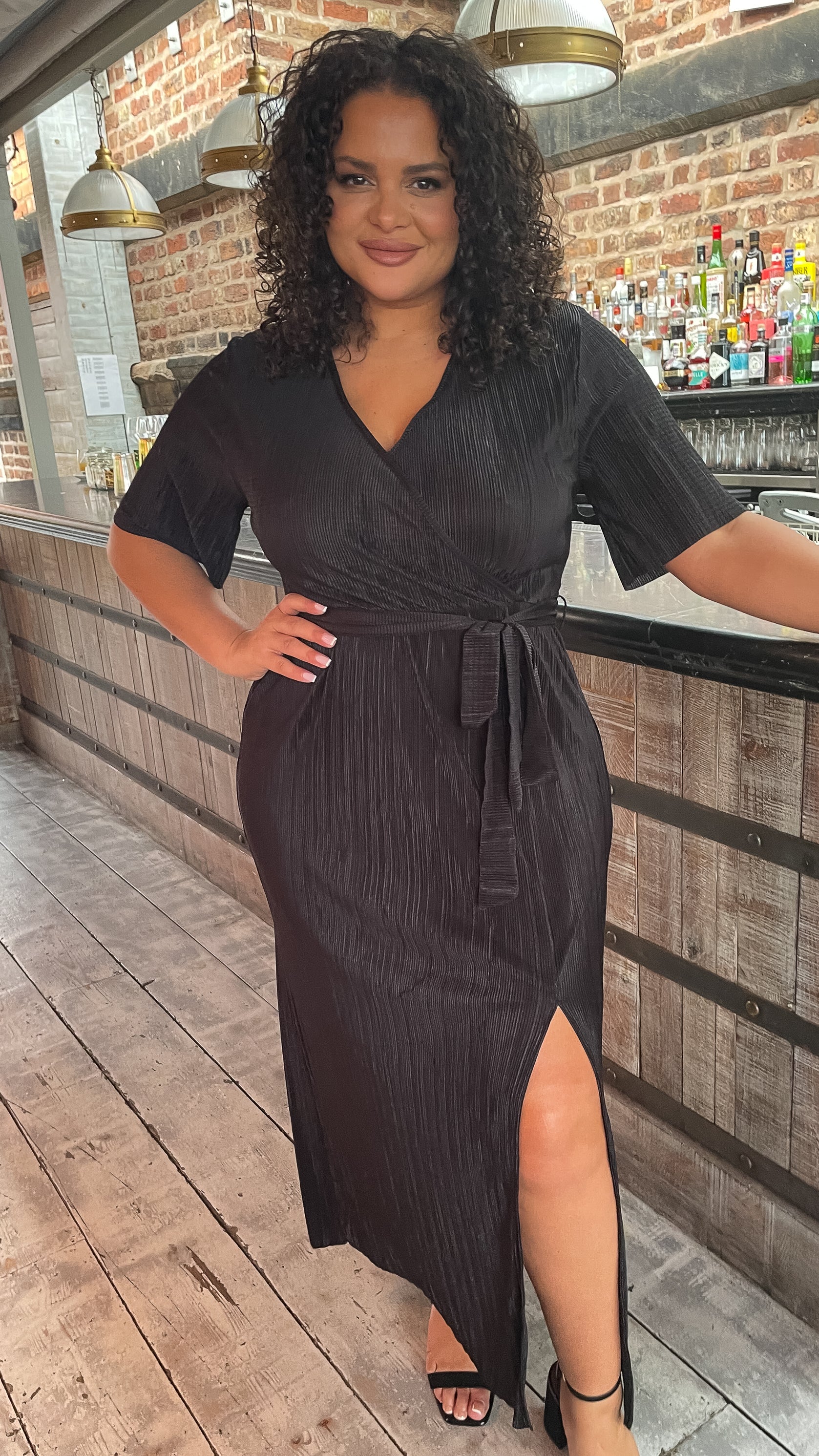 CurveWow Plisse Wrap Maxi Dress Black - Main Image