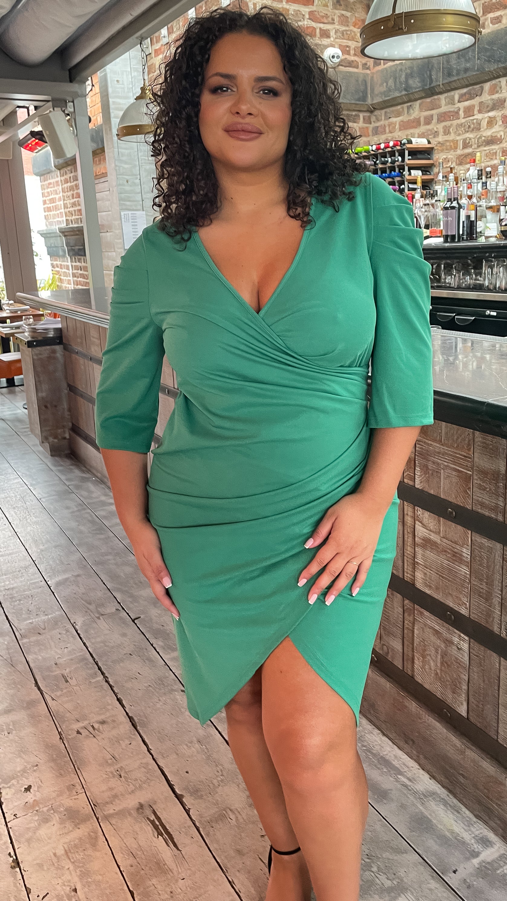 CurveWow Bottle Green Puff Sleeve Wrap Midi Dress