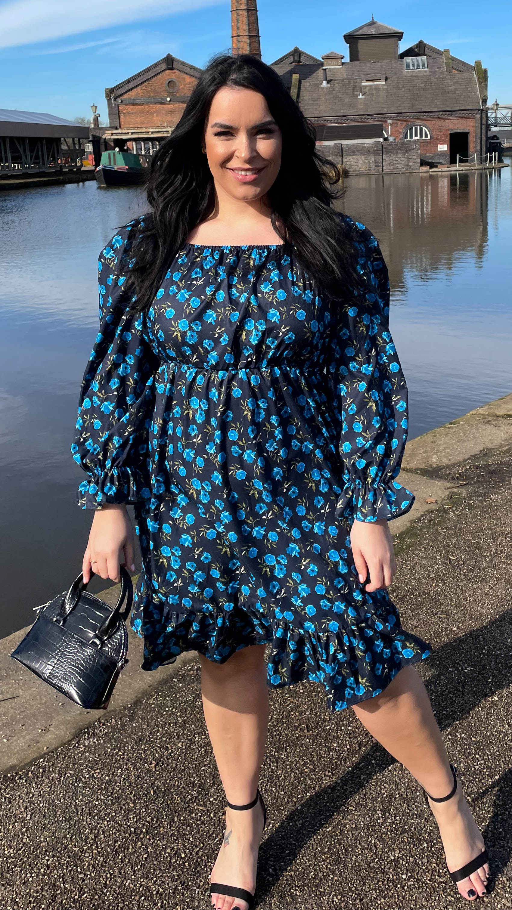 CurveWow Square Neck Dress Blue Floral