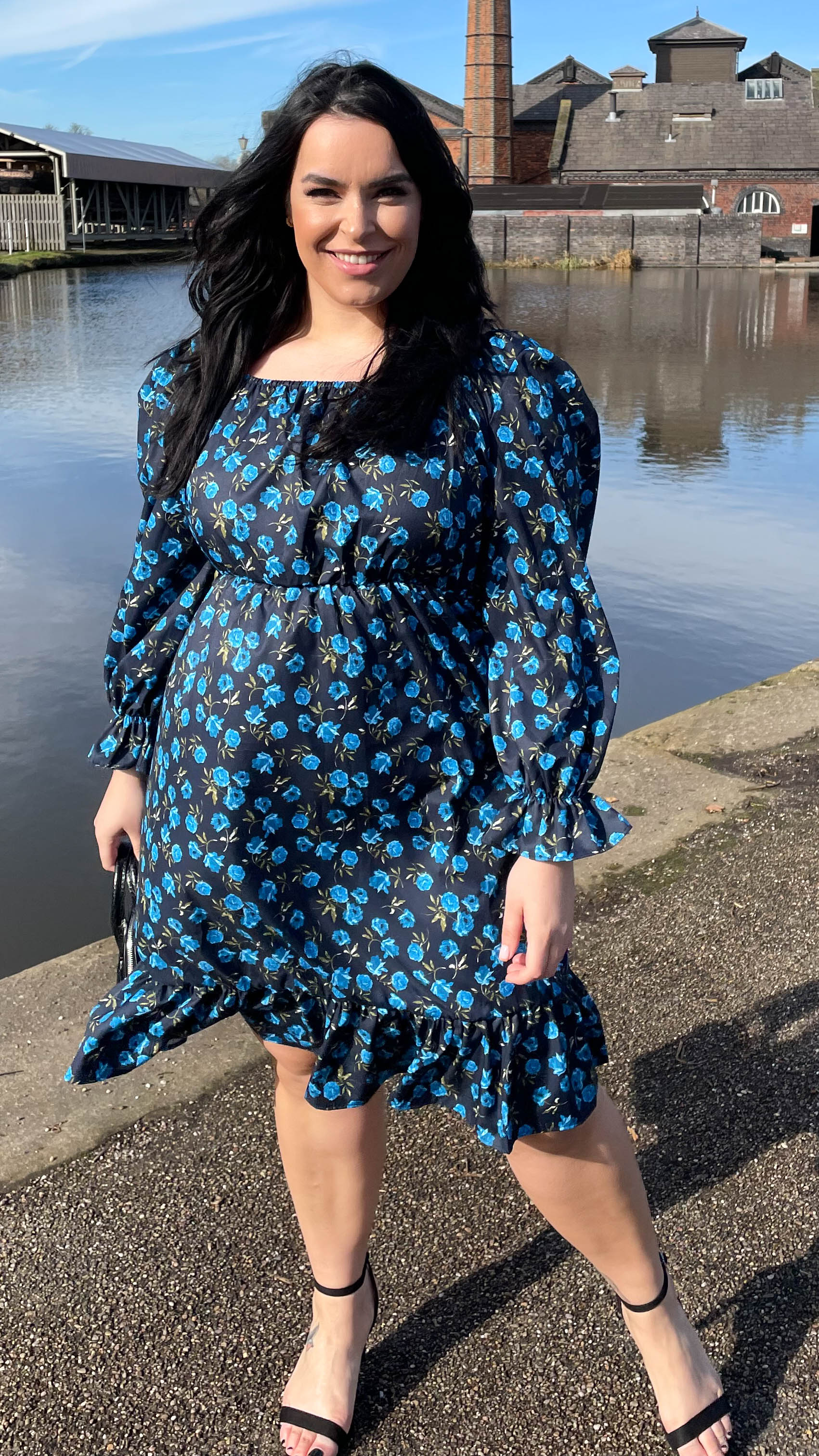 CurveWow Square Neck Dress Blue Floral