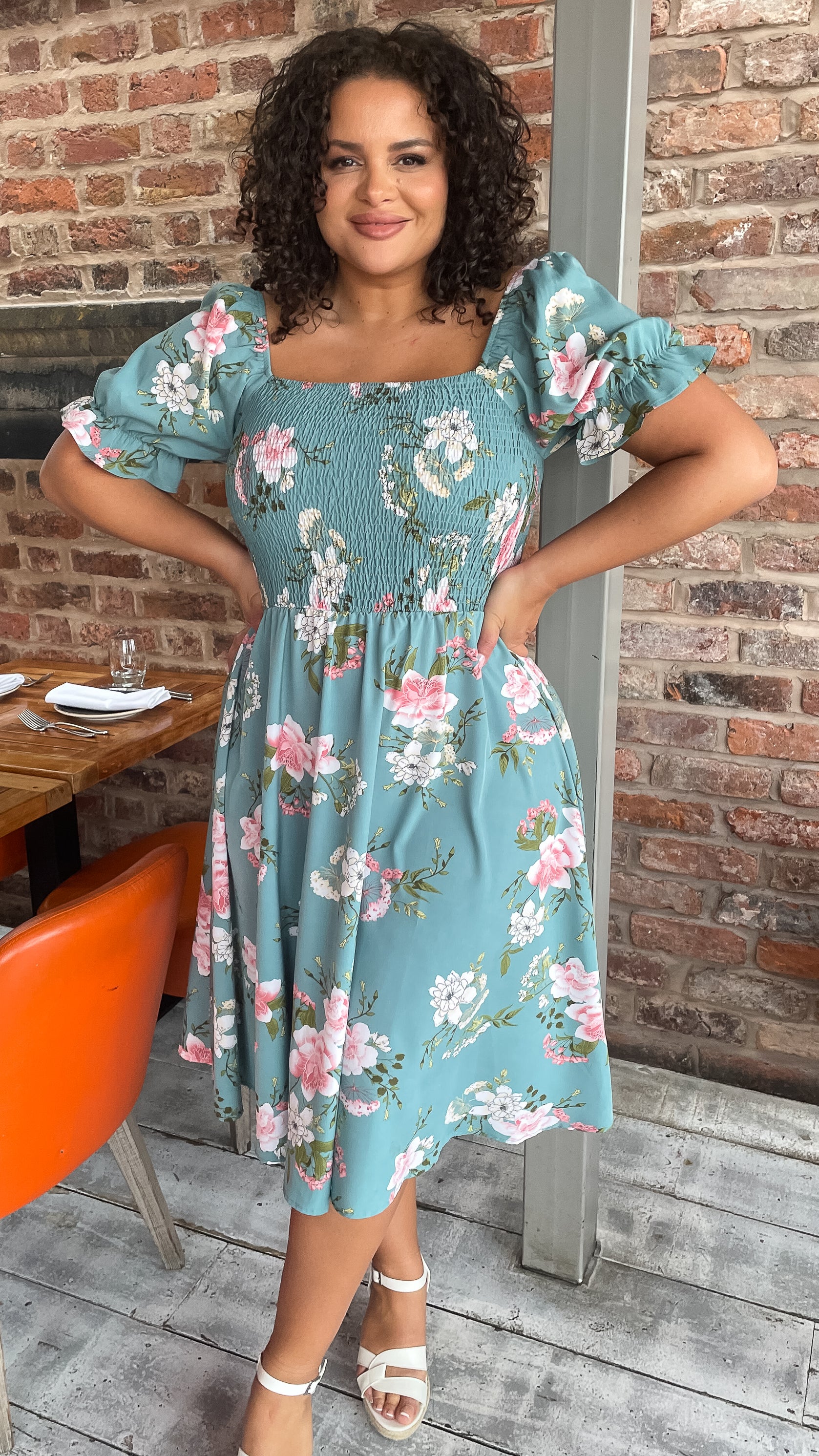 CurveWow Square Neck Shirred Midi Dress Green Floral