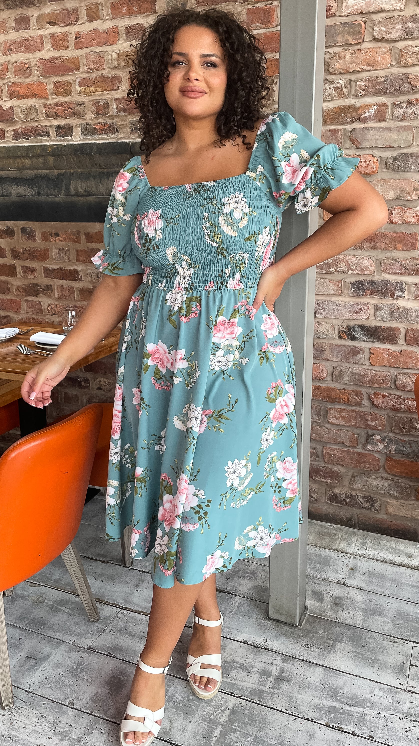 CurveWow Square Neck Shirred Midi Dress Green Floral