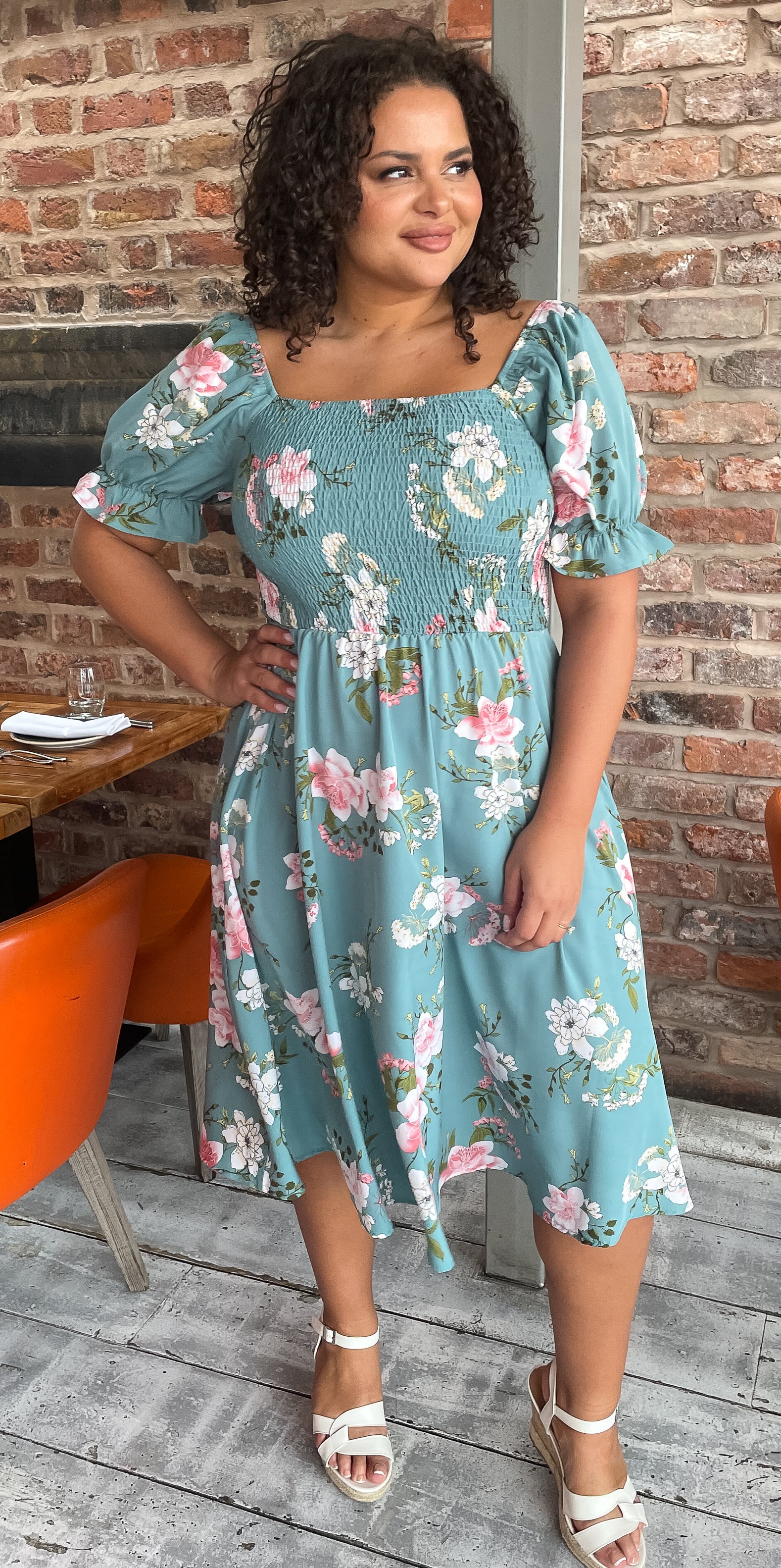 CurveWow Square Neck Shirred Midi Dress Green Floral