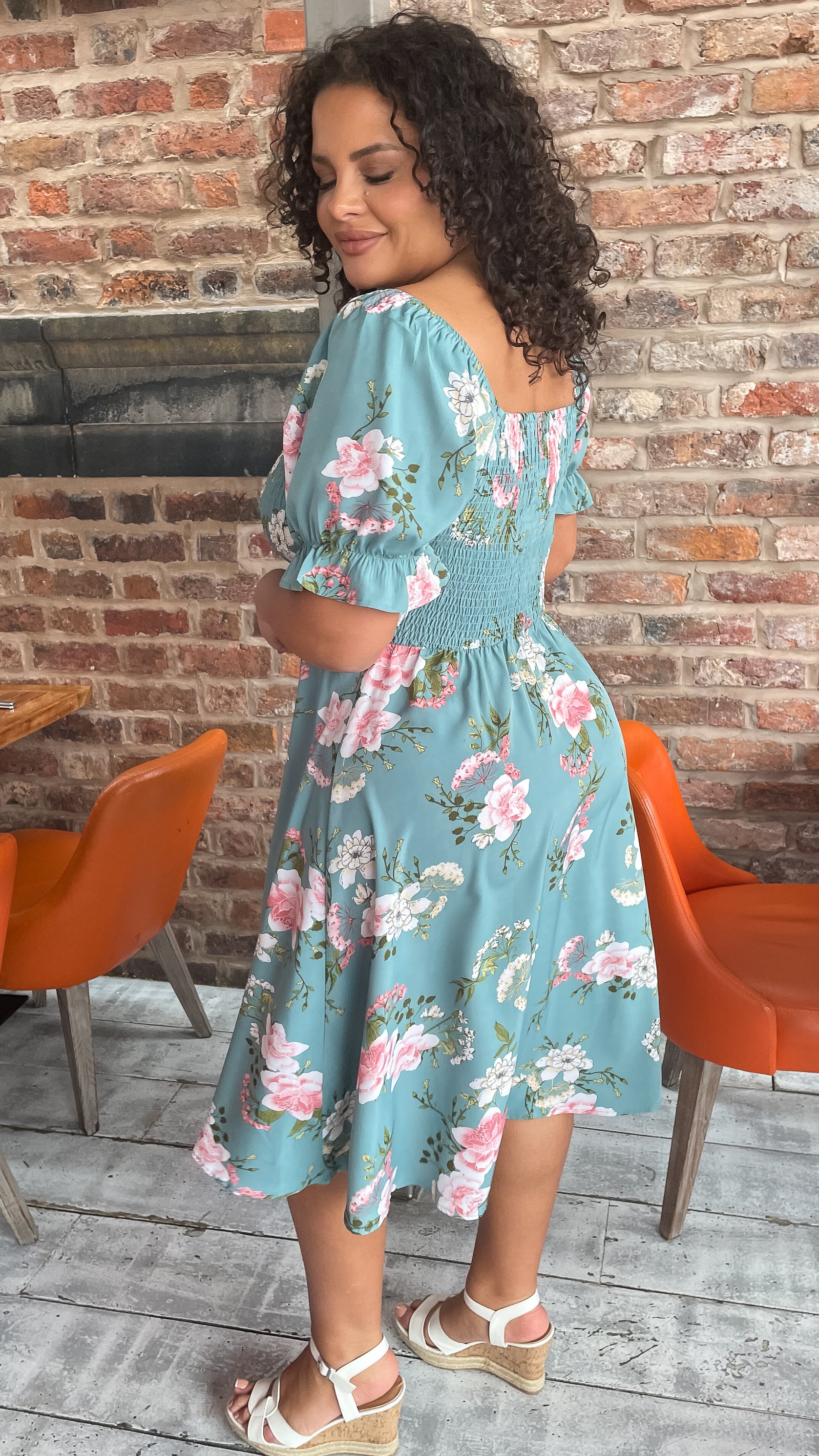 CurveWow Square Neck Shirred Midi Dress Green Floral