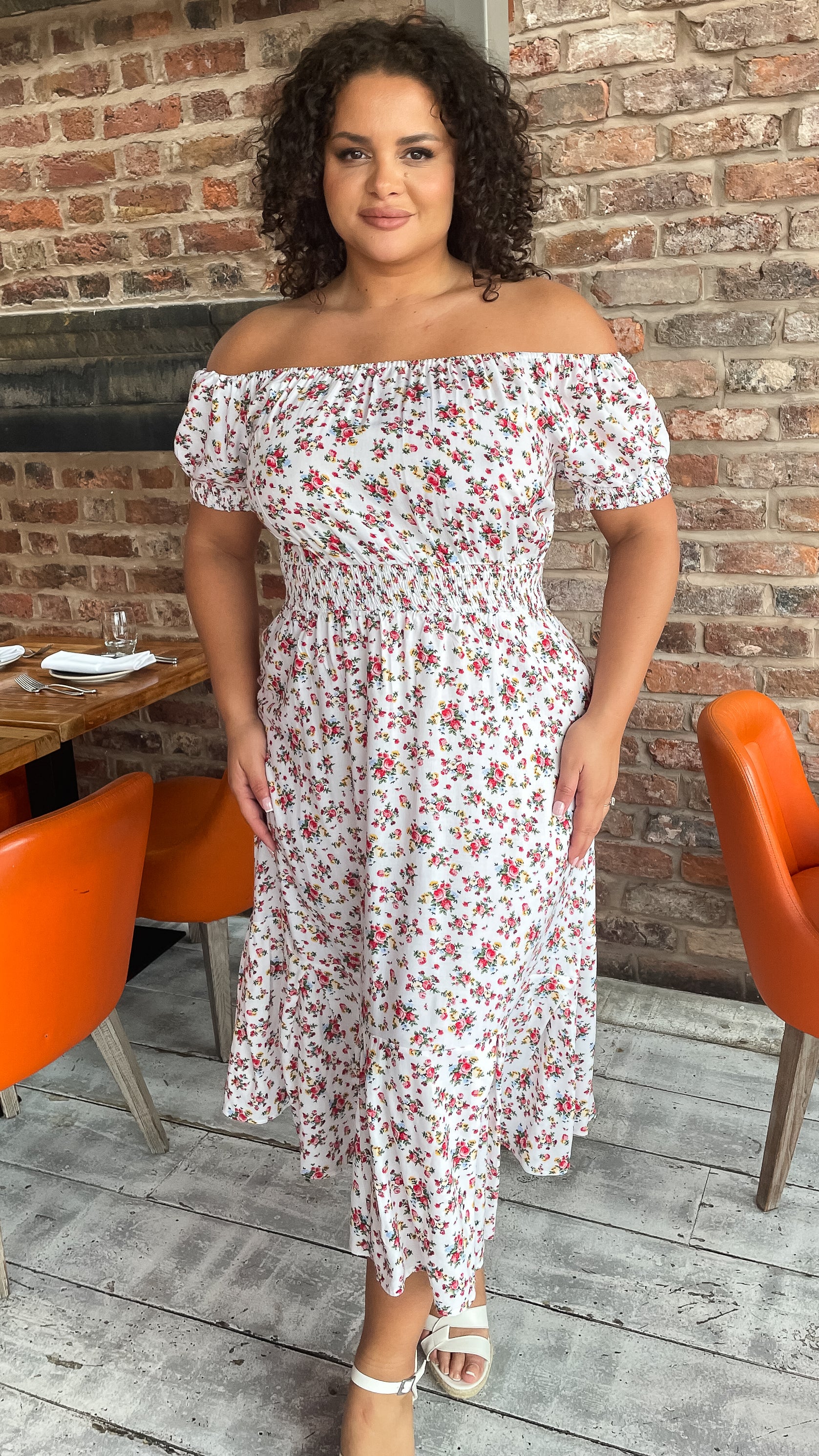 CurveWow White & Red Floral Bardot Midi Dress