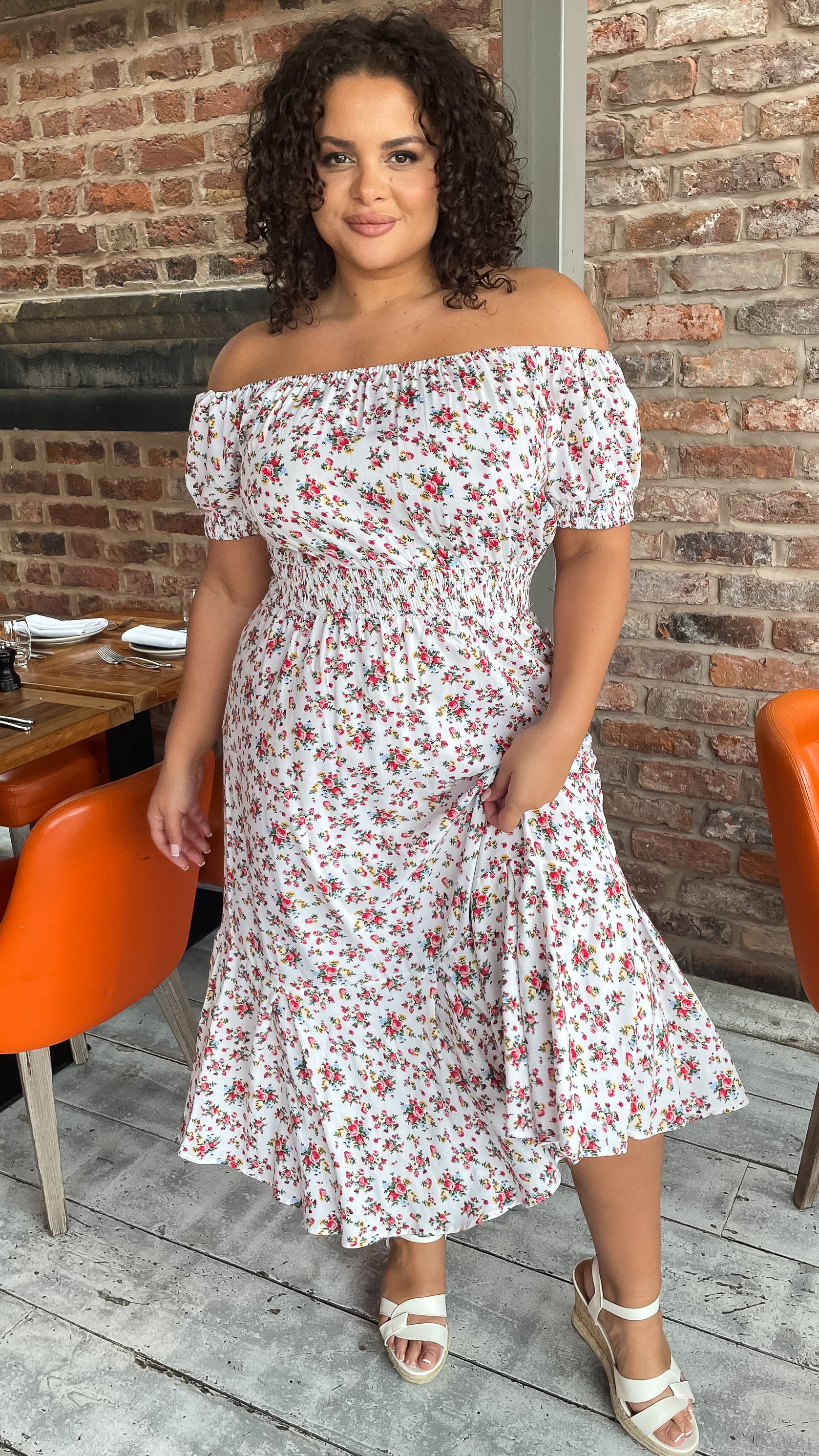 CurveWow White & Red Floral Bardot Midi Dress