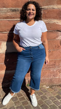 CurveWow Wide Leg Cropped Jeans Mid Blue Wash