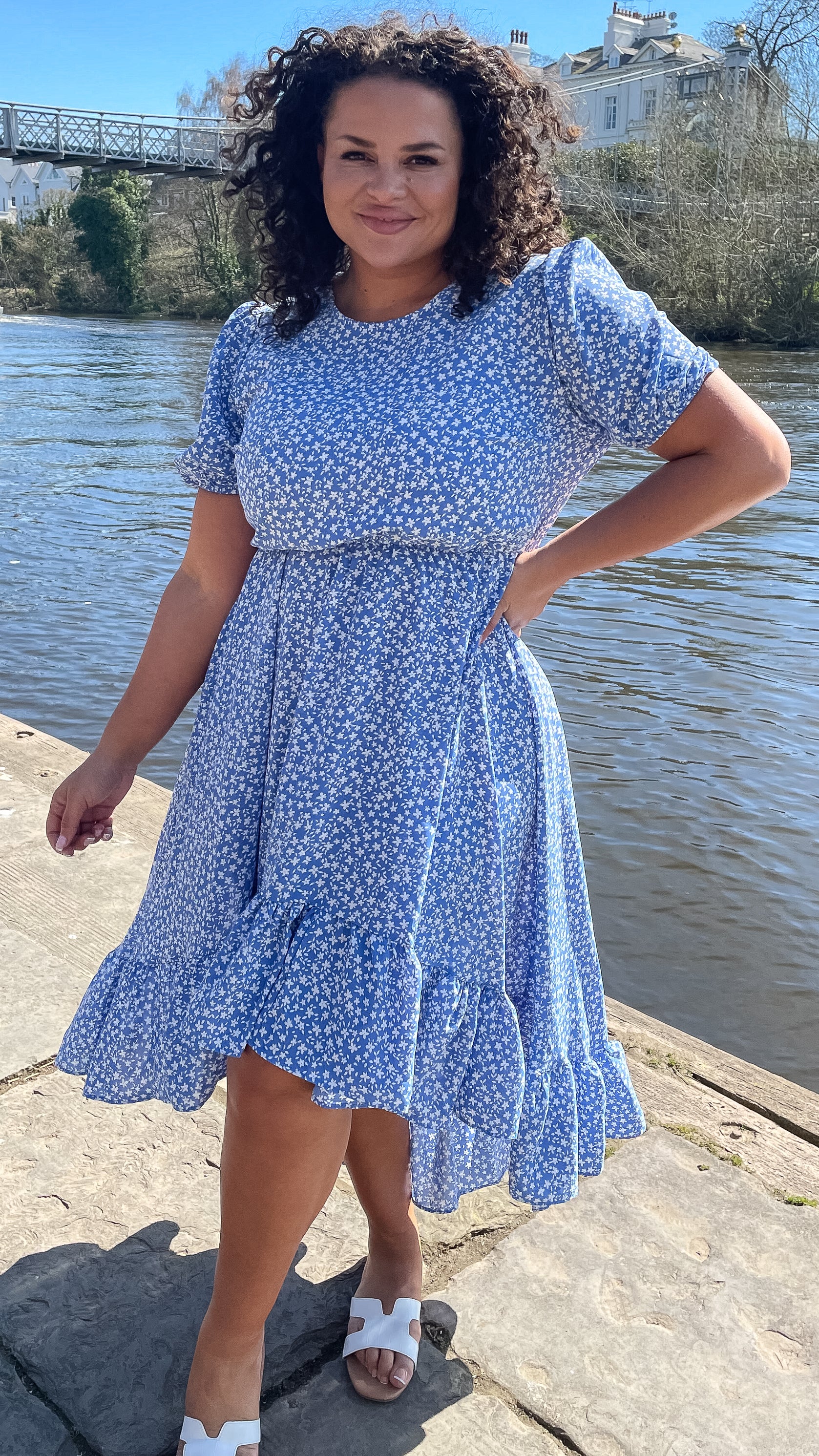 CurveWow Frill Dipped Hem Dress Blue Ditsy